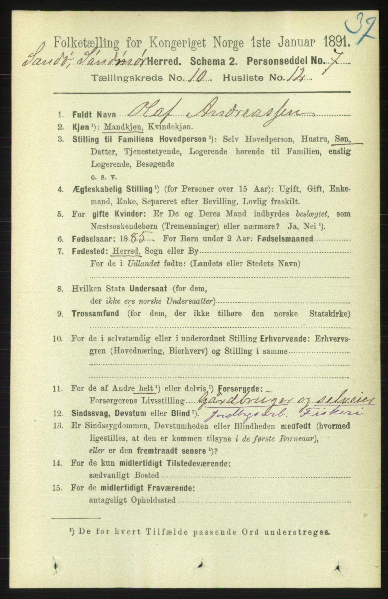 RA, 1891 census for 1514 Sande, 1891, p. 1846