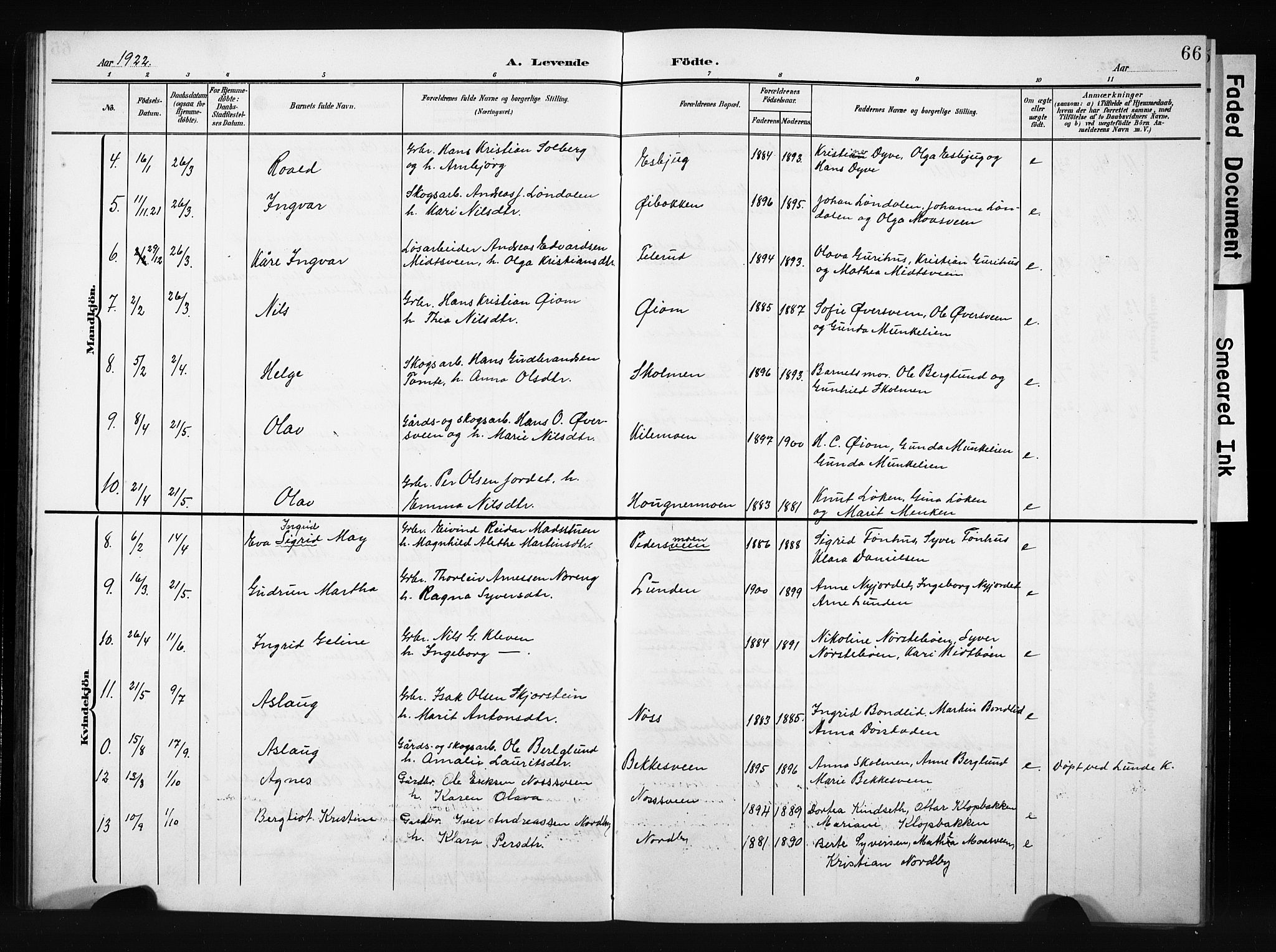 Nordre Land prestekontor, SAH/PREST-124/H/Ha/Hab/L0006: Parish register (copy) no. 6, 1905-1929, p. 66