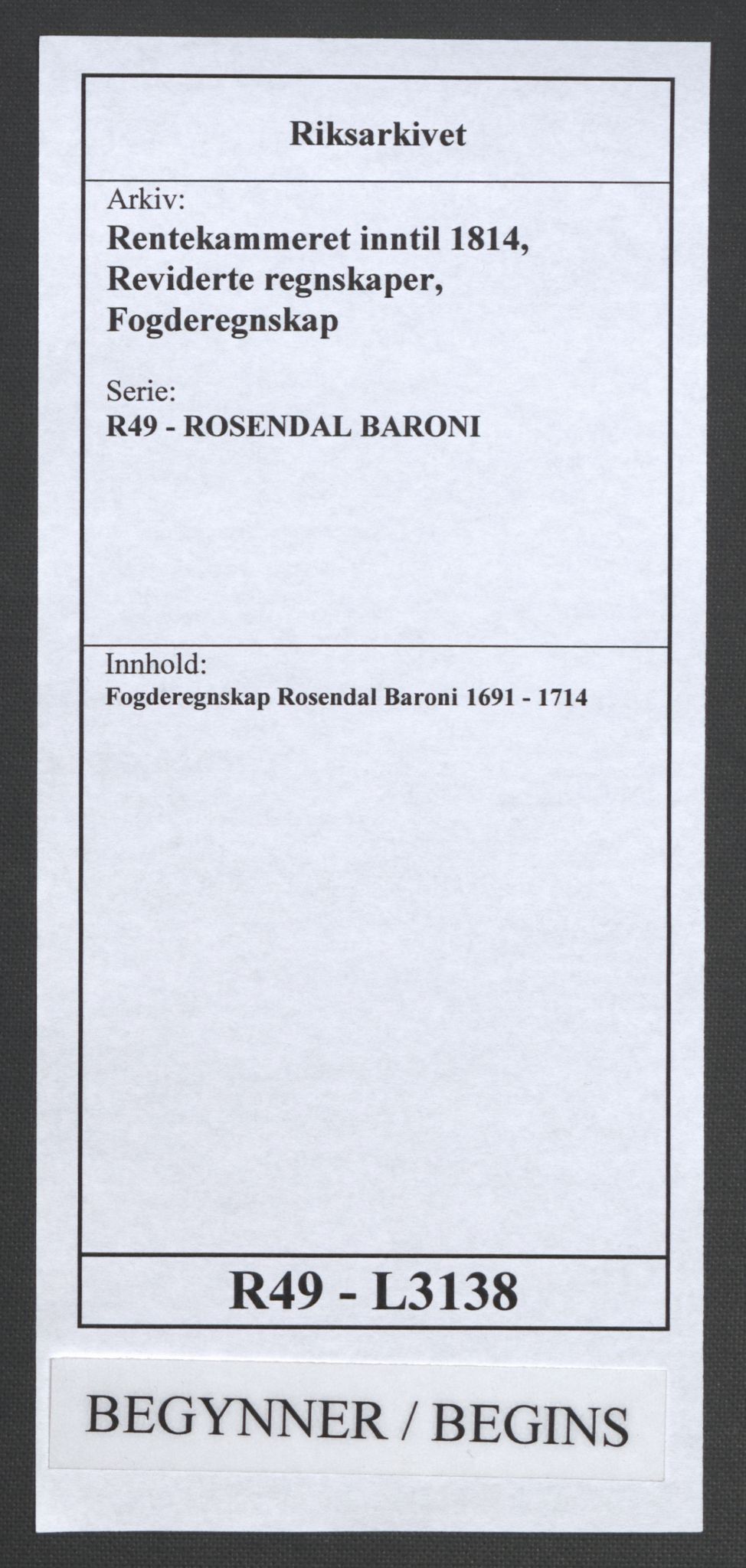 Rentekammeret inntil 1814, Reviderte regnskaper, Fogderegnskap, RA/EA-4092/R49/L3138: Fogderegnskap Rosendal Baroni, 1691-1714, p. 1