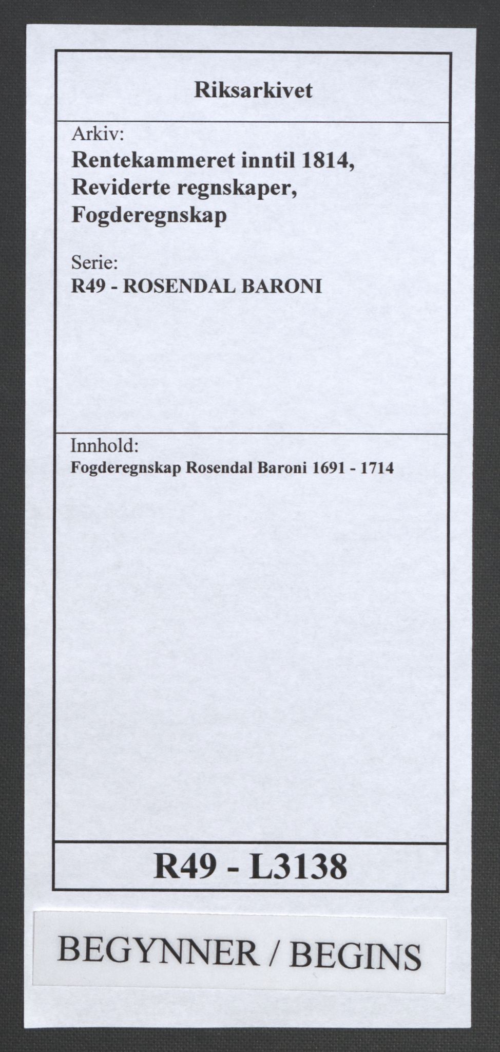 Rentekammeret inntil 1814, Reviderte regnskaper, Fogderegnskap, AV/RA-EA-4092/R49/L3138: Fogderegnskap Rosendal Baroni, 1691-1714, p. 1