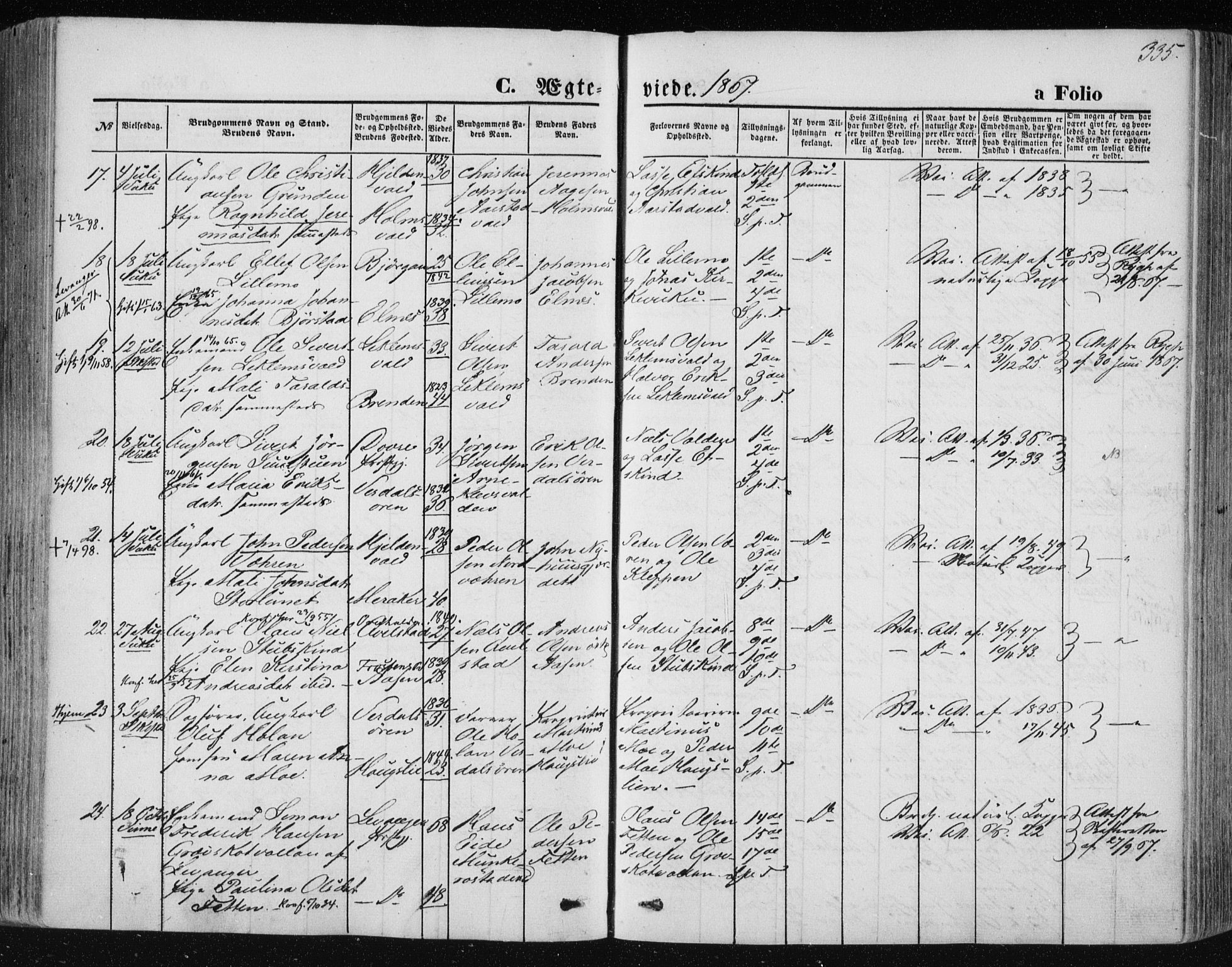 Ministerialprotokoller, klokkerbøker og fødselsregistre - Nord-Trøndelag, AV/SAT-A-1458/723/L0241: Parish register (official) no. 723A10, 1860-1869, p. 335