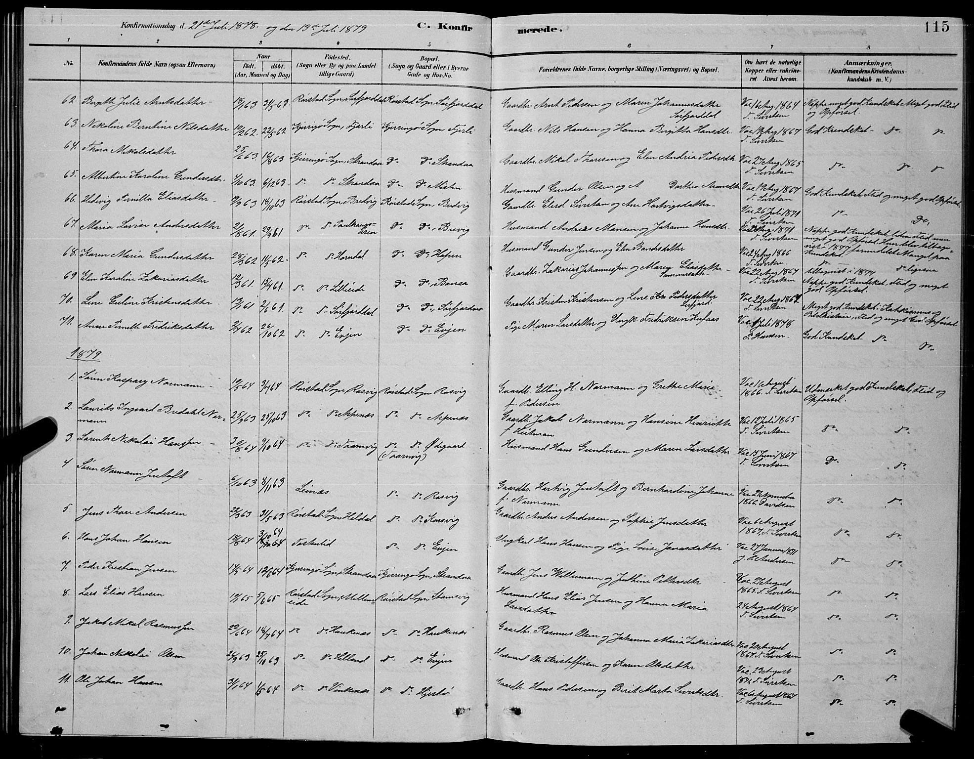 Ministerialprotokoller, klokkerbøker og fødselsregistre - Nordland, AV/SAT-A-1459/853/L0776: Parish register (copy) no. 853C04, 1878-1889, p. 115