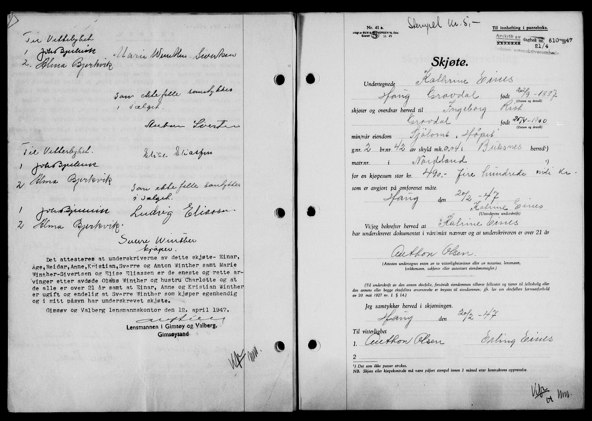 Lofoten sorenskriveri, SAT/A-0017/1/2/2C/L0015a: Mortgage book no. 15a, 1946-1947, Diary no: : 610/1947