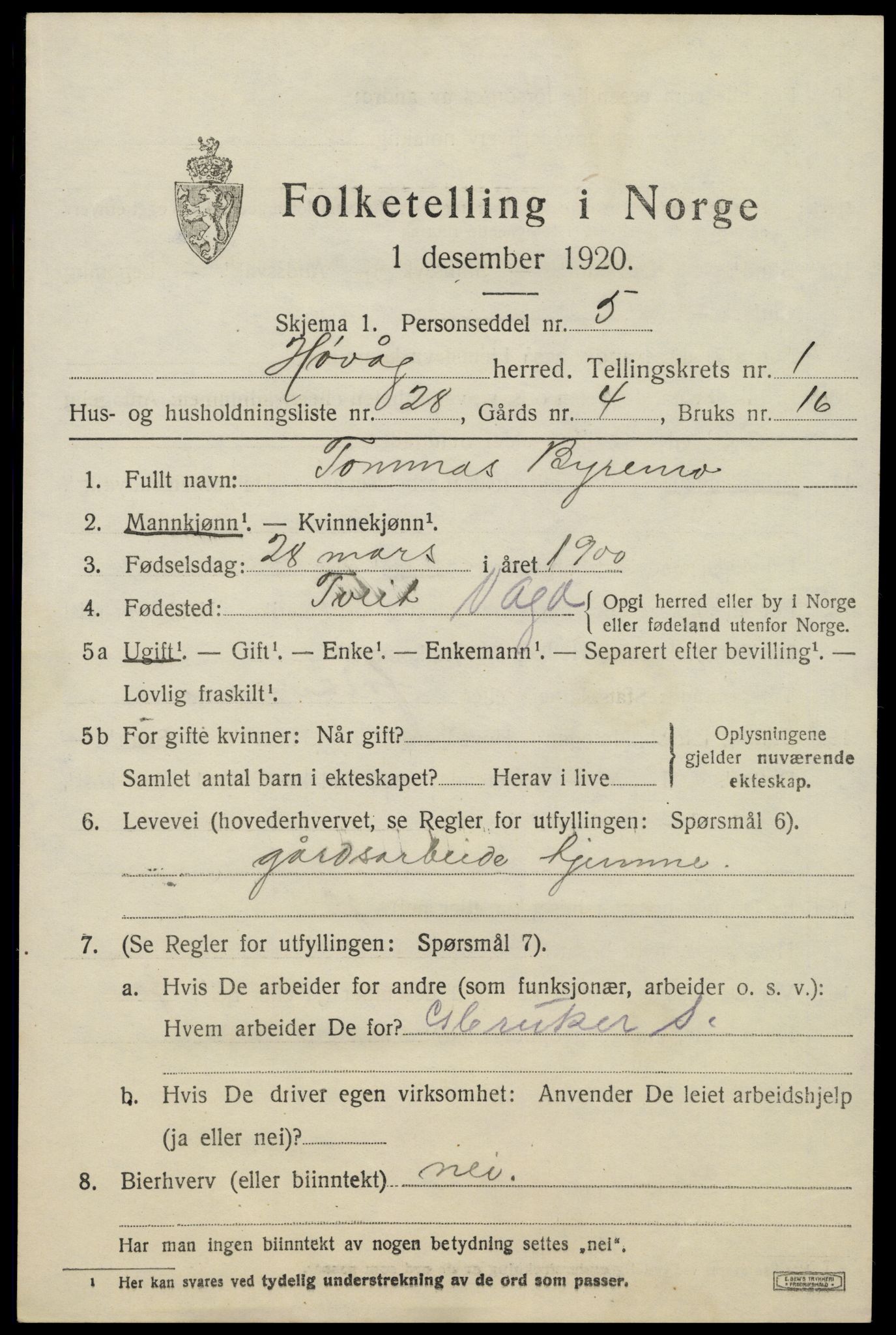 SAK, 1920 census for Høvåg, 1920, p. 1188