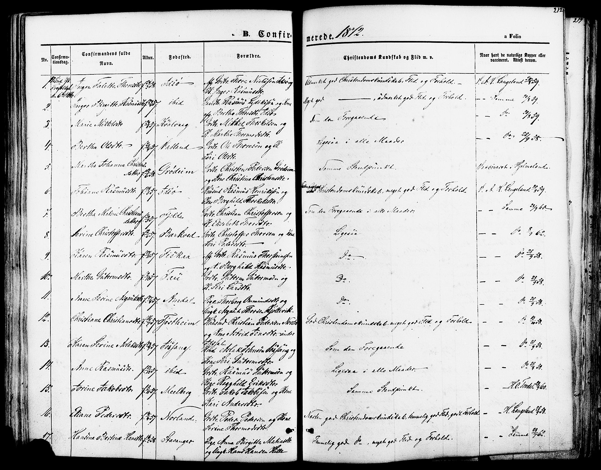 Strand sokneprestkontor, SAST/A-101828/H/Ha/Haa/L0007: Parish register (official) no. A 7, 1855-1881, p. 212