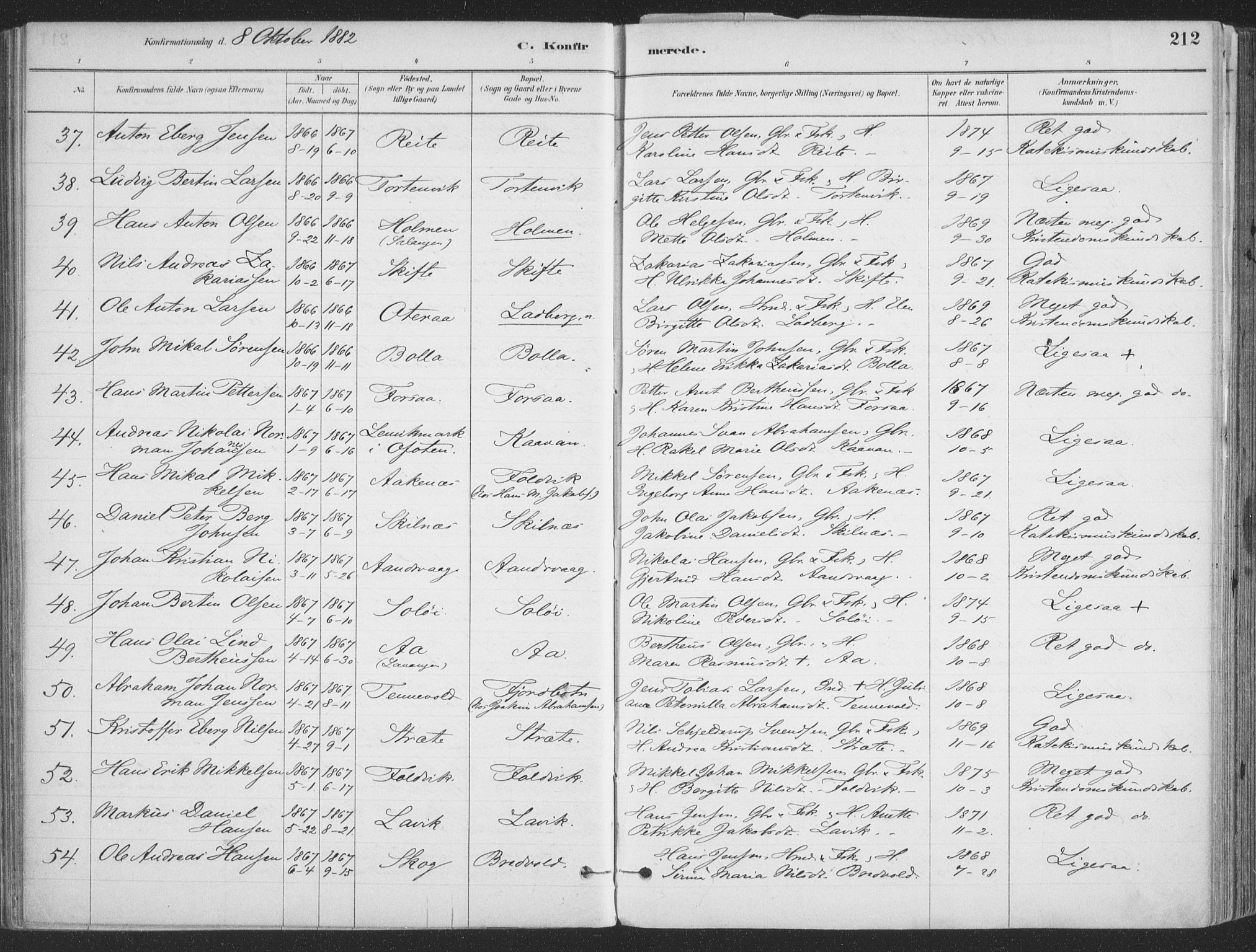 Ibestad sokneprestembete, AV/SATØ-S-0077/H/Ha/Haa/L0011kirke: Parish register (official) no. 11, 1880-1889, p. 212