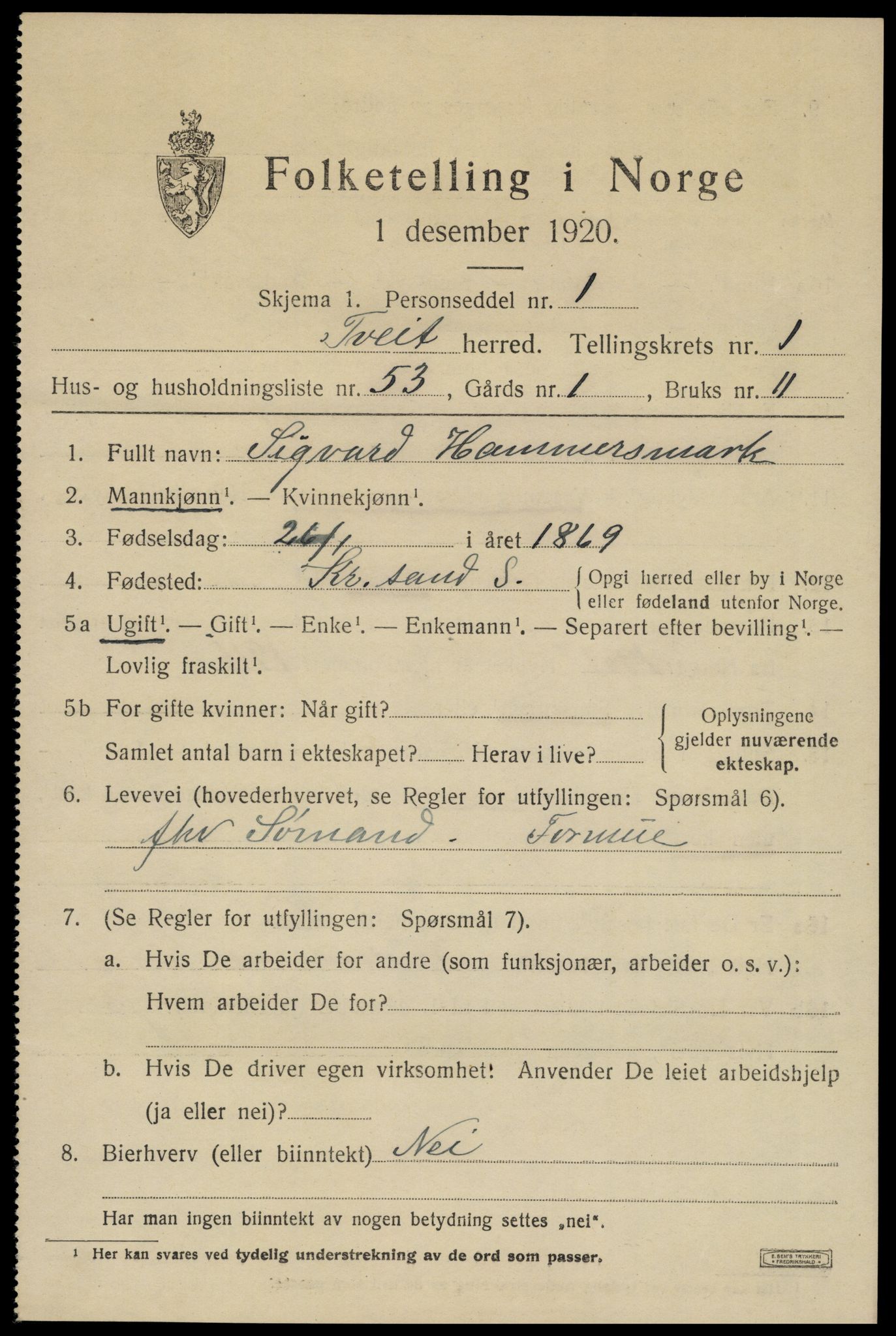 SAK, 1920 census for Tveit, 1920, p. 1210