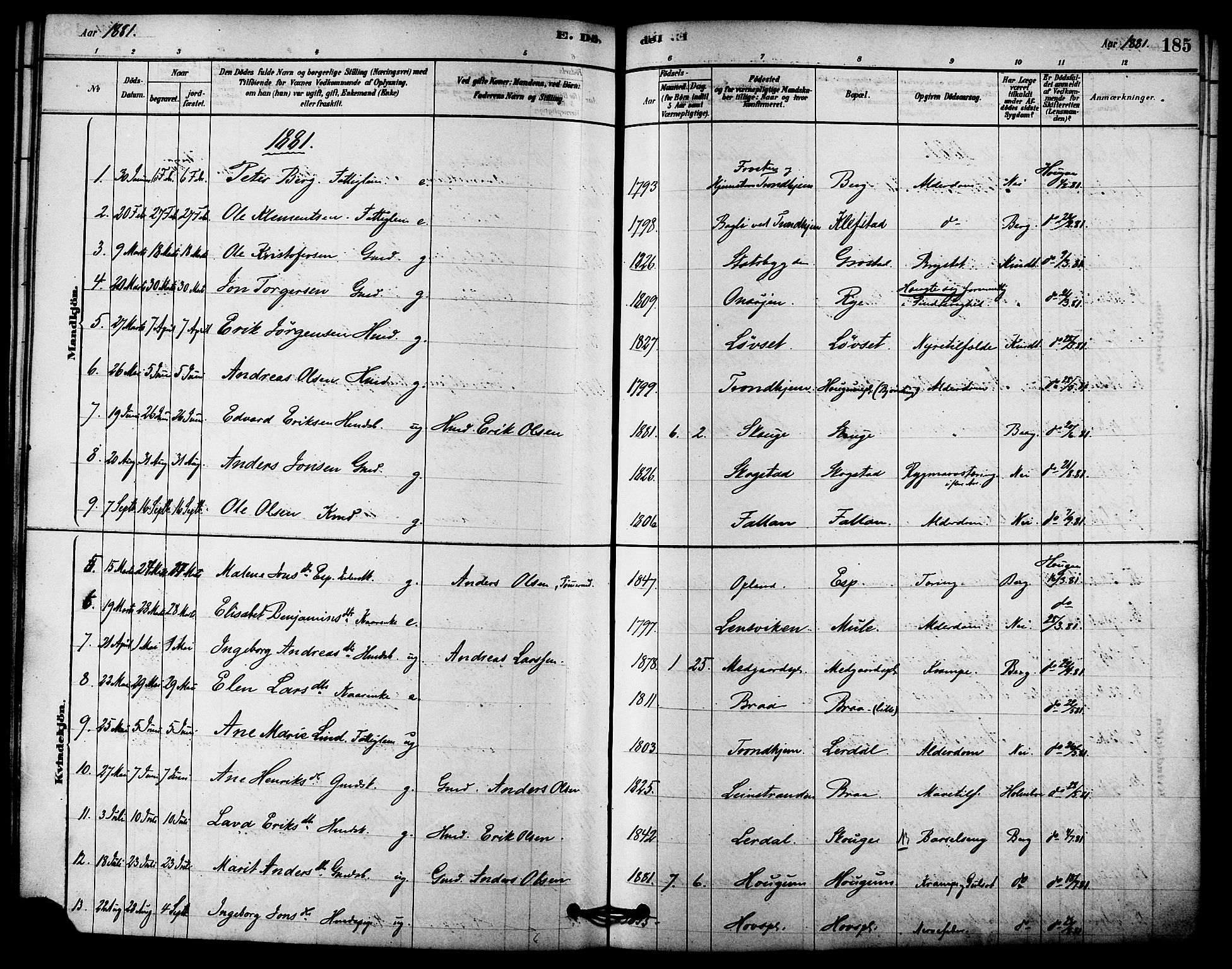 Ministerialprotokoller, klokkerbøker og fødselsregistre - Sør-Trøndelag, SAT/A-1456/612/L0378: Parish register (official) no. 612A10, 1878-1897, p. 185