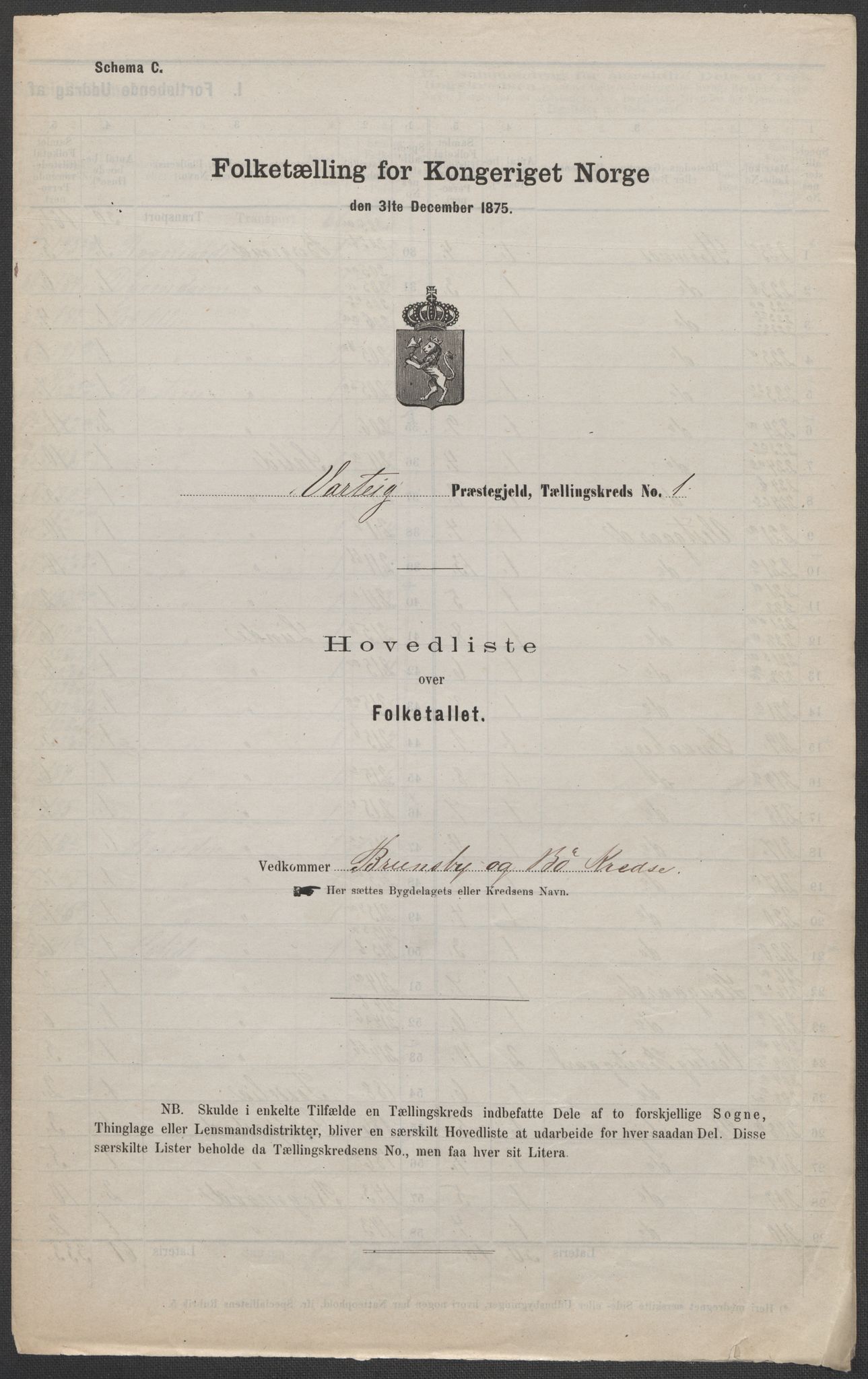 RA, 1875 census for 0114P Varteig, 1875, p. 1