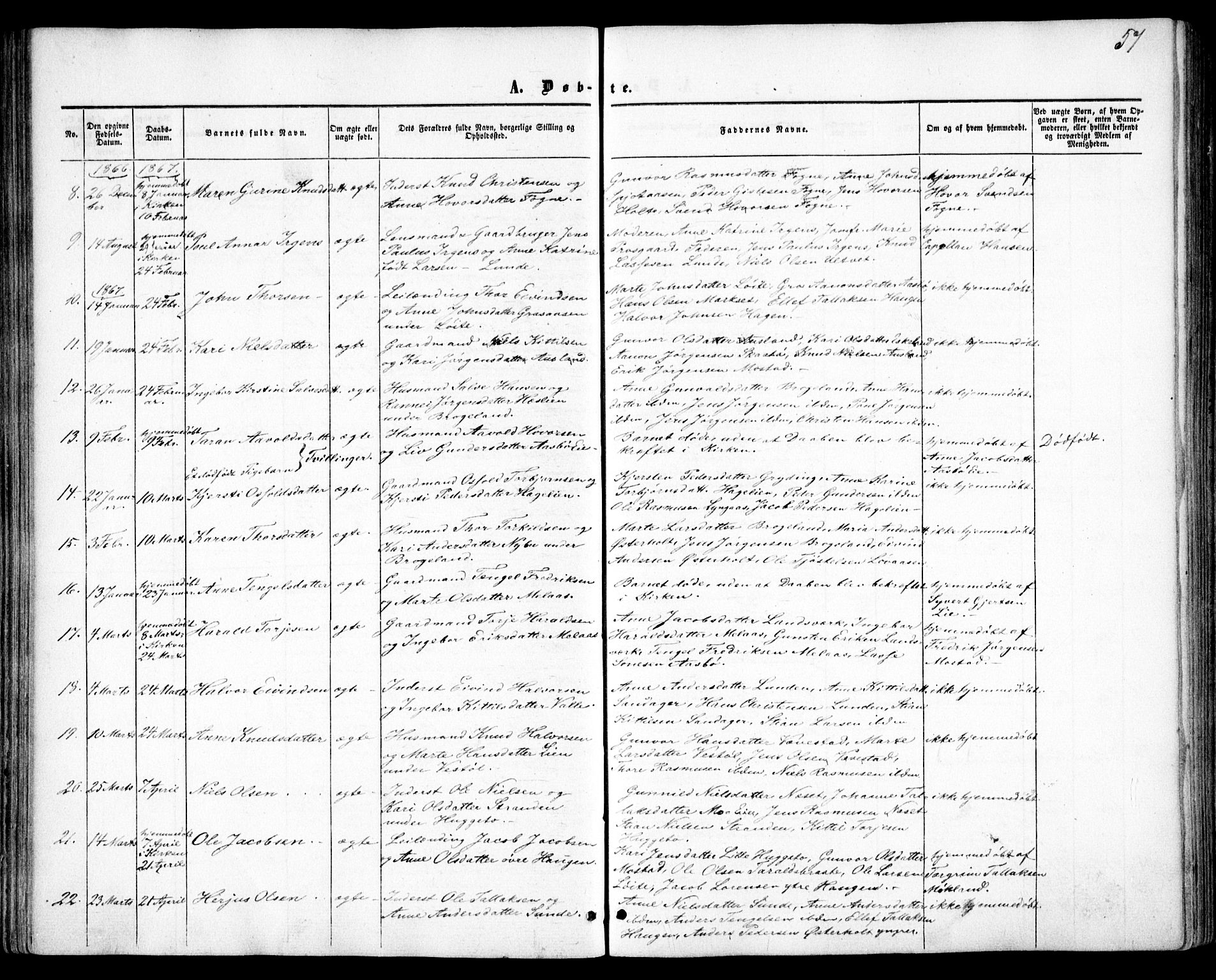 Gjerstad sokneprestkontor, SAK/1111-0014/F/Fa/Faa/L0007: Parish register (official) no. A 7, 1858-1875, p. 57