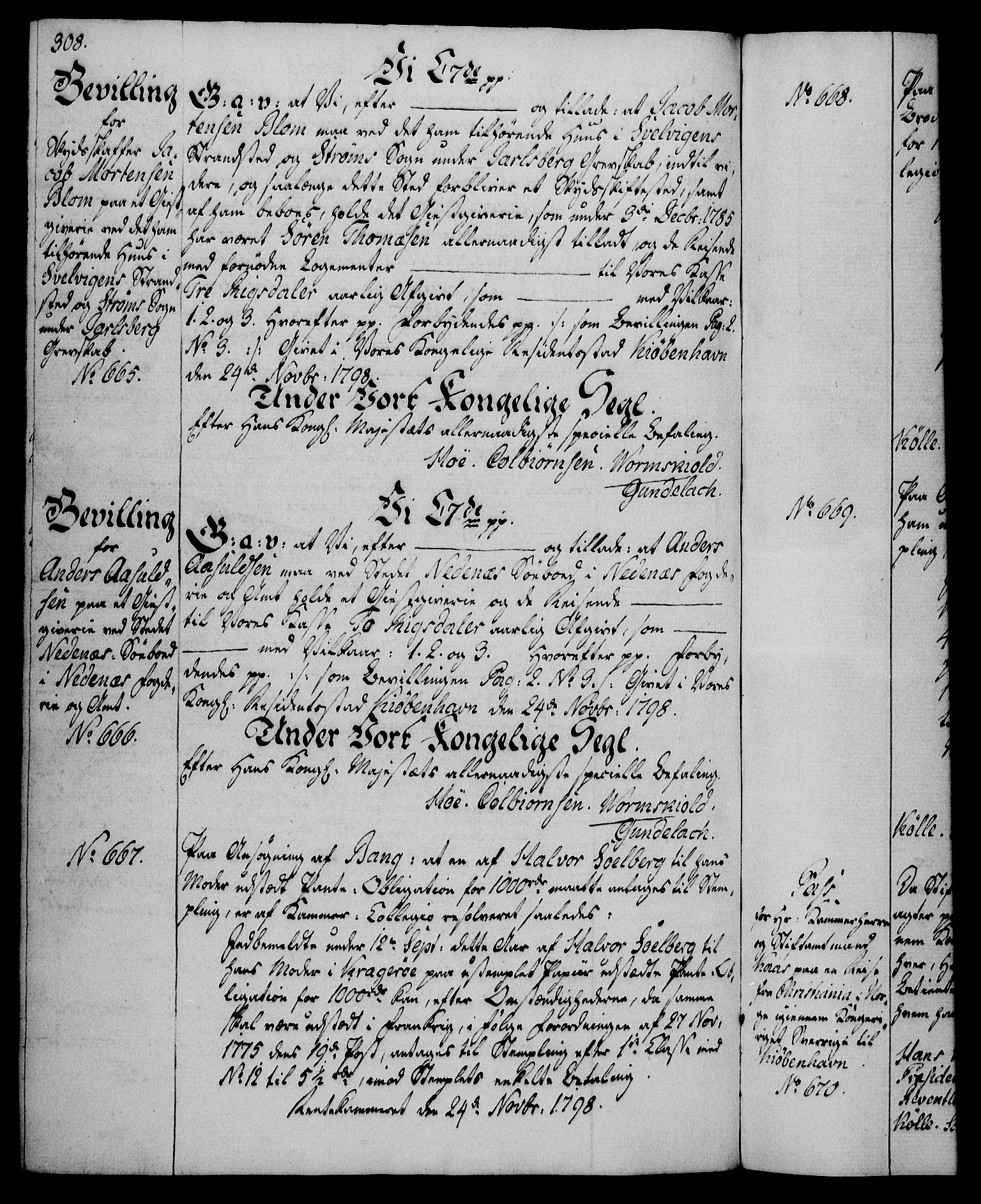 Rentekammeret, Kammerkanselliet, AV/RA-EA-3111/G/Gg/Gga/L0016: Norsk ekspedisjonsprotokoll med register (merket RK 53.16), 1794-1800, p. 308