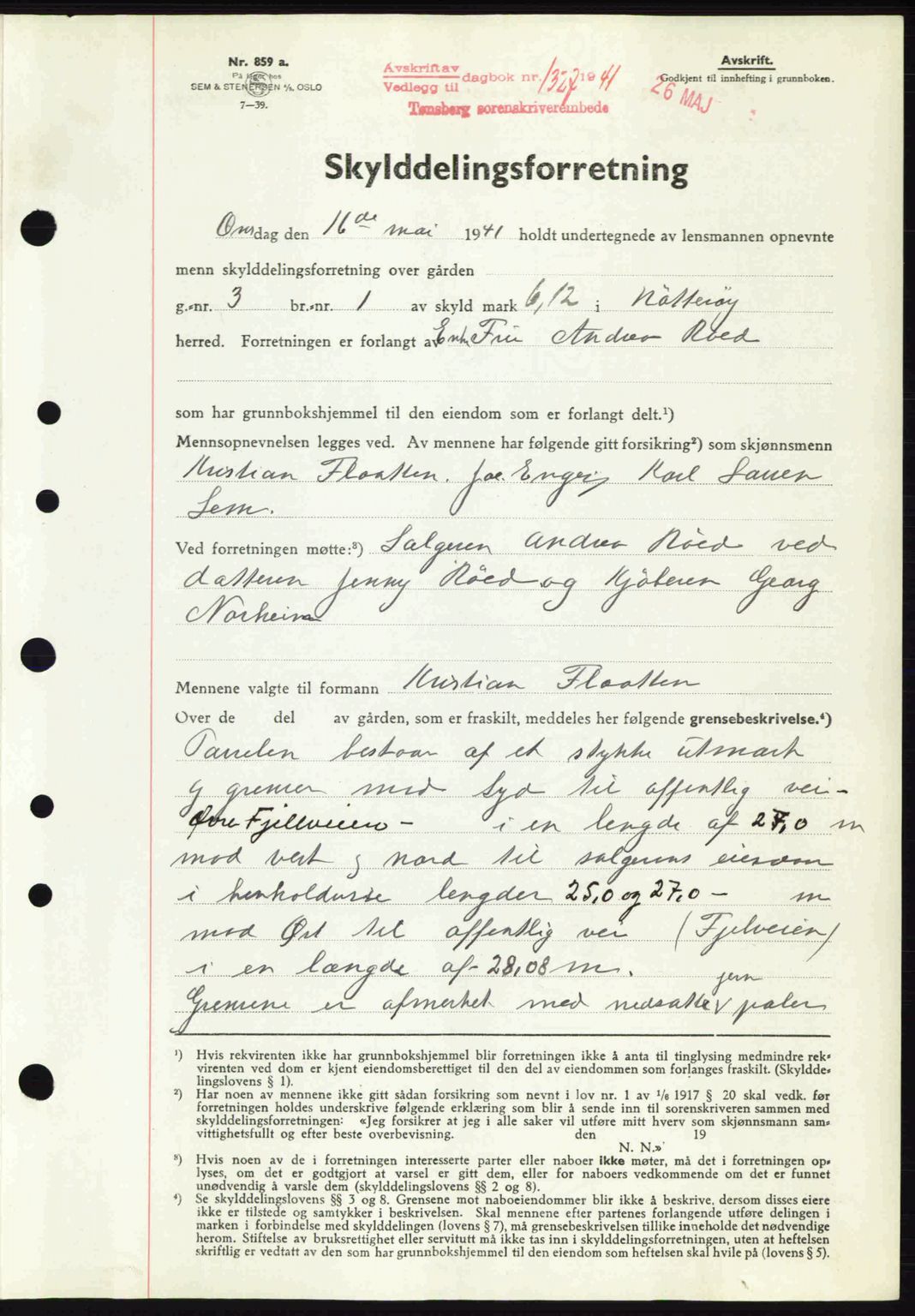 Tønsberg sorenskriveri, AV/SAKO-A-130/G/Ga/Gaa/L0010: Mortgage book no. A10, 1941-1941, Diary no: : 1327/1941