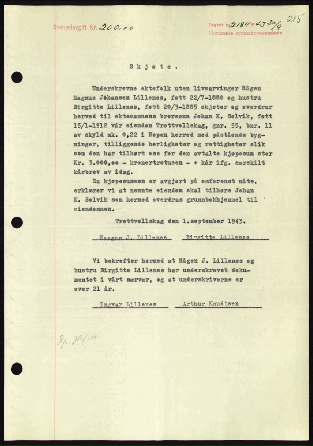 Nordmøre sorenskriveri, SAT/A-4132/1/2/2Ca: Mortgage book no. A96, 1943-1944, Diary no: : 2184/1943