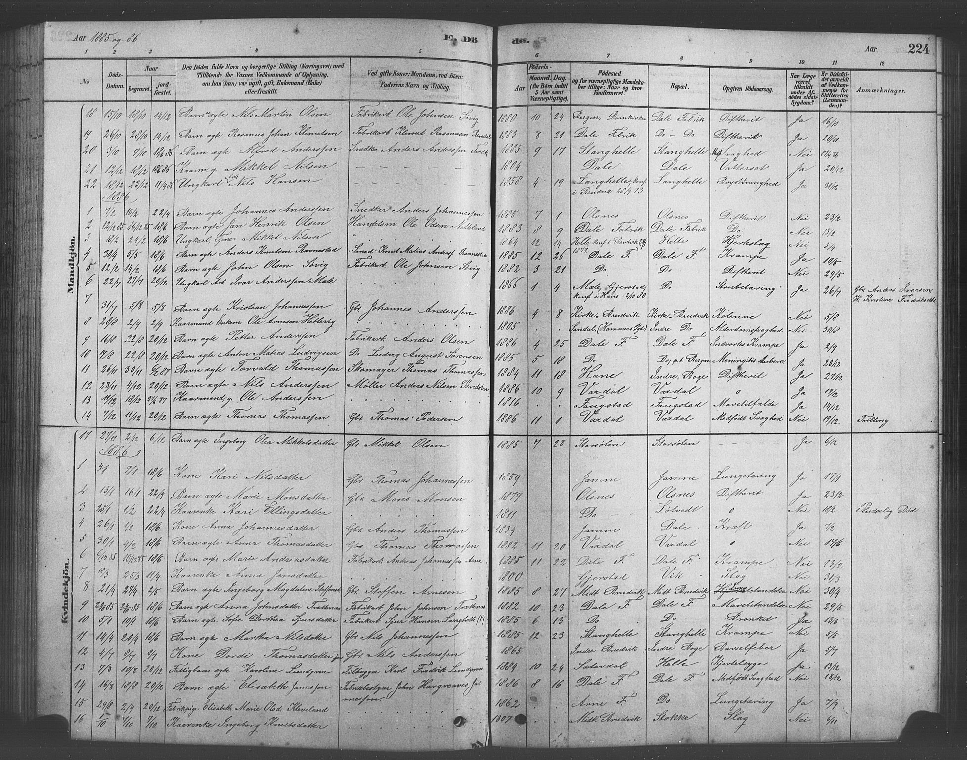 Bruvik Sokneprestembete, SAB/A-74701/H/Hab: Parish register (copy) no. A 1, 1878-1907, p. 224