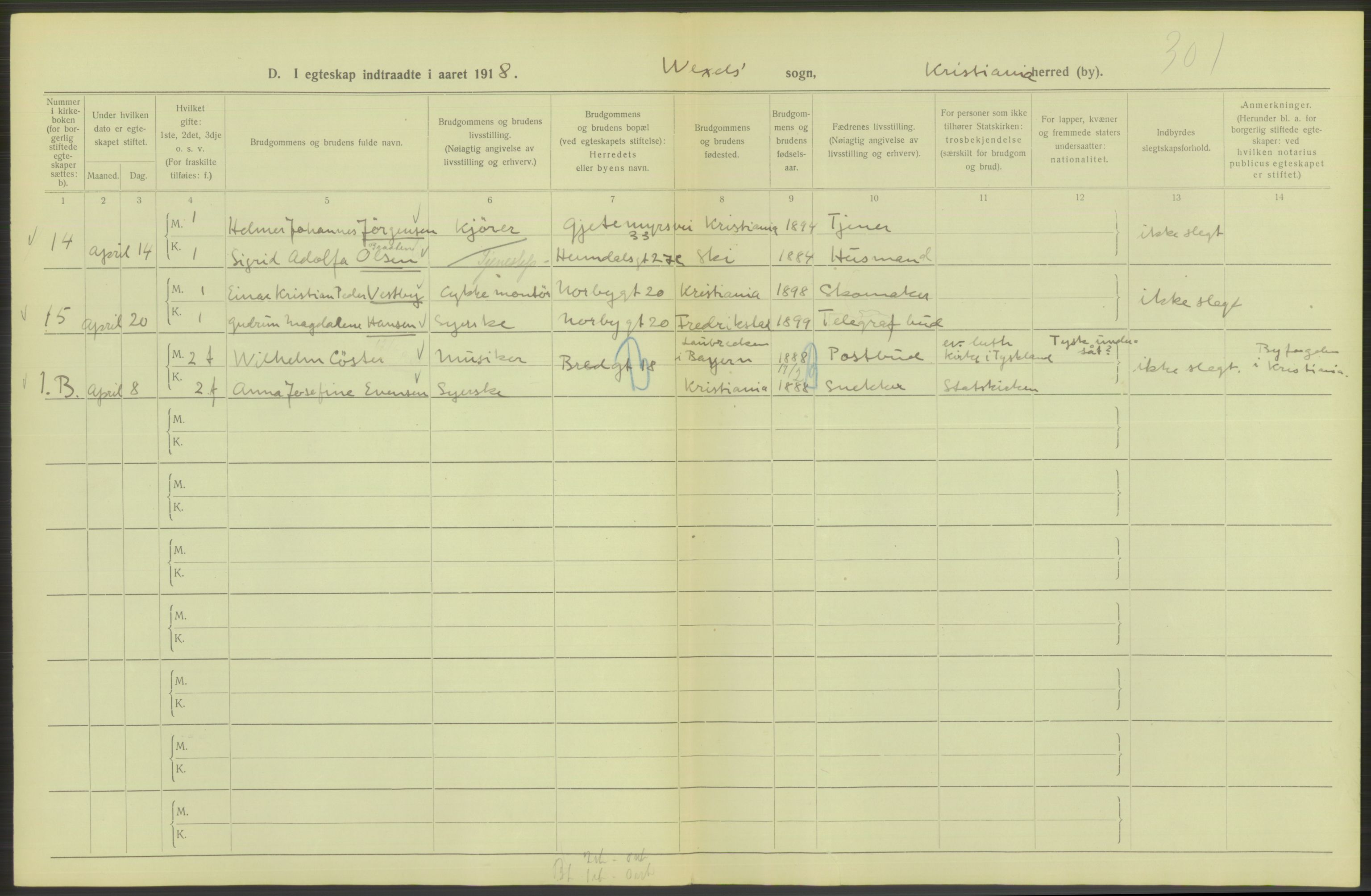 Statistisk sentralbyrå, Sosiodemografiske emner, Befolkning, RA/S-2228/D/Df/Dfb/Dfbh/L0009: Kristiania: Gifte, 1918, p. 828