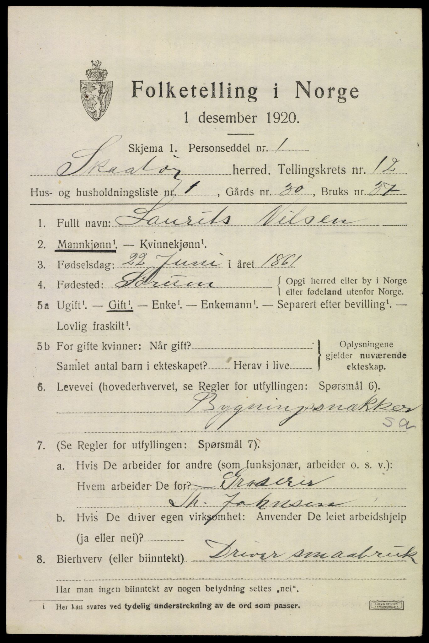 SAKO, 1920 census for Skåtøy, 1920, p. 8190