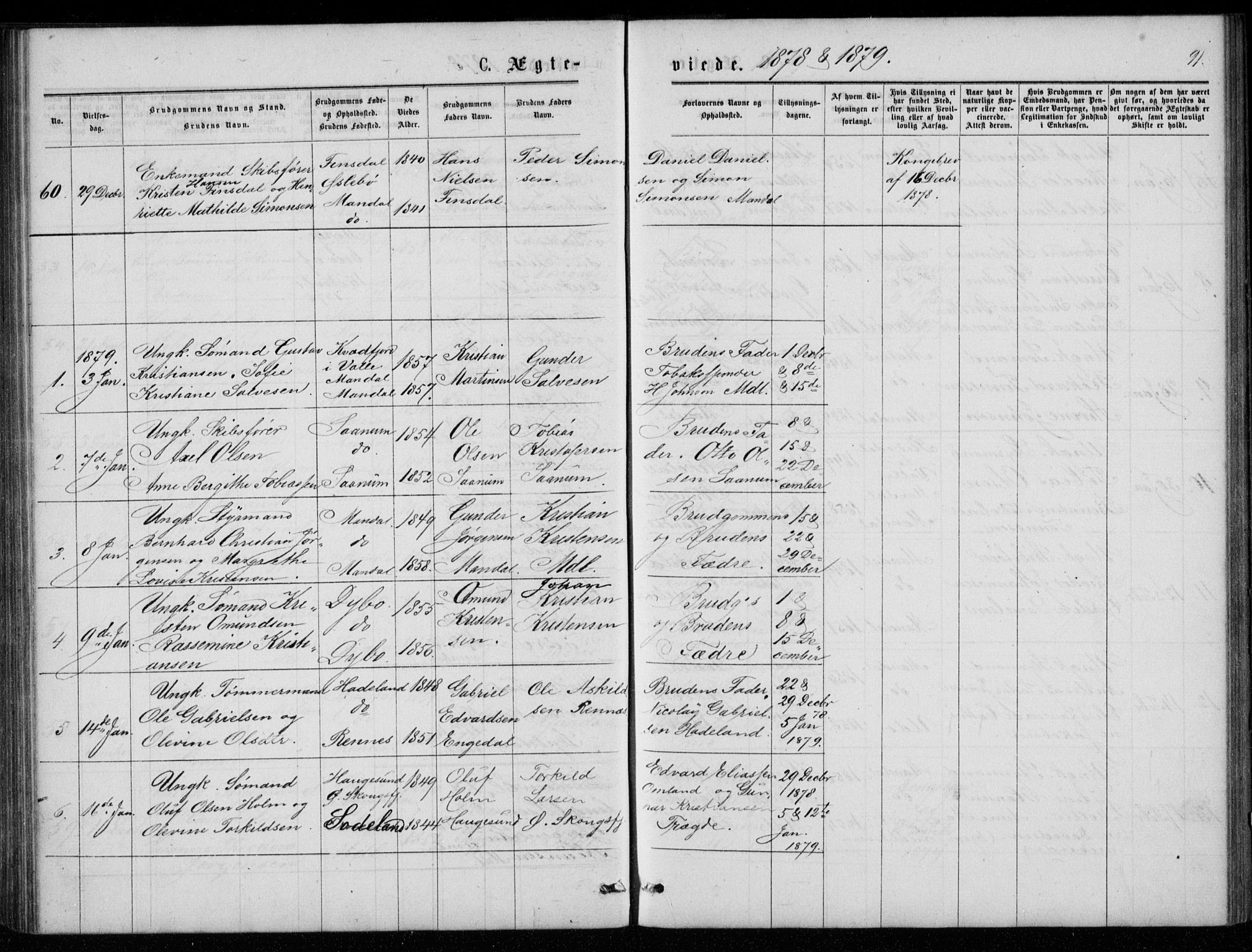 Mandal sokneprestkontor, SAK/1111-0030/F/Fb/Fba/L0010: Parish register (copy) no. B 4, 1876-1880, p. 91
