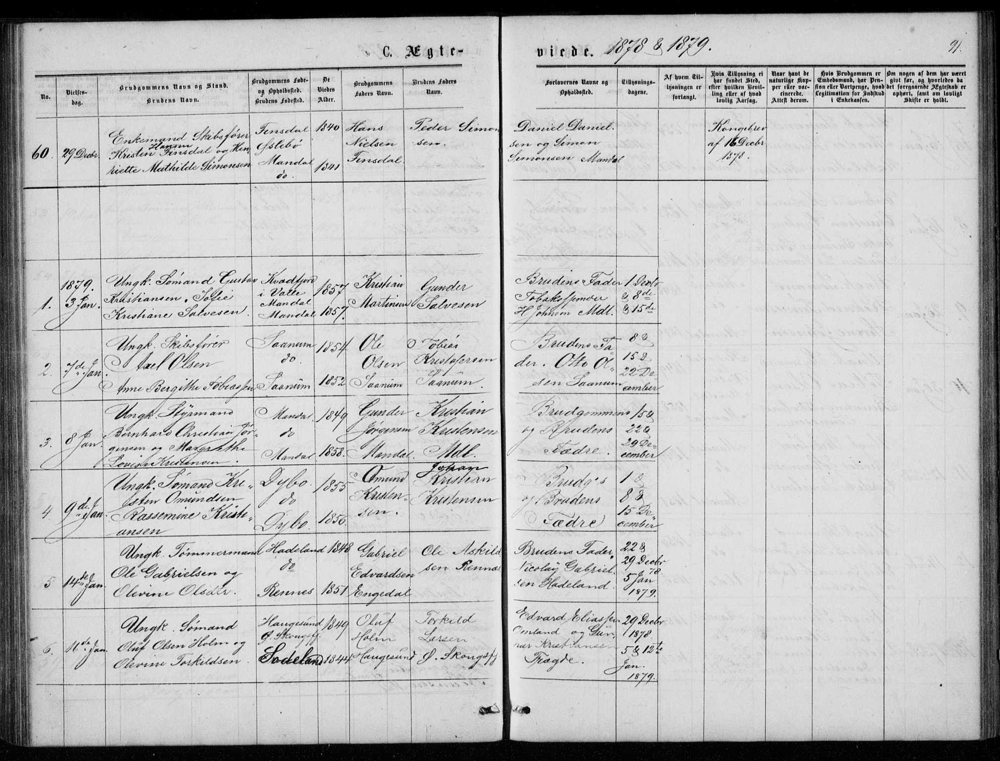 Mandal sokneprestkontor, AV/SAK-1111-0030/F/Fb/Fba/L0010: Parish register (copy) no. B 4, 1876-1880, p. 91