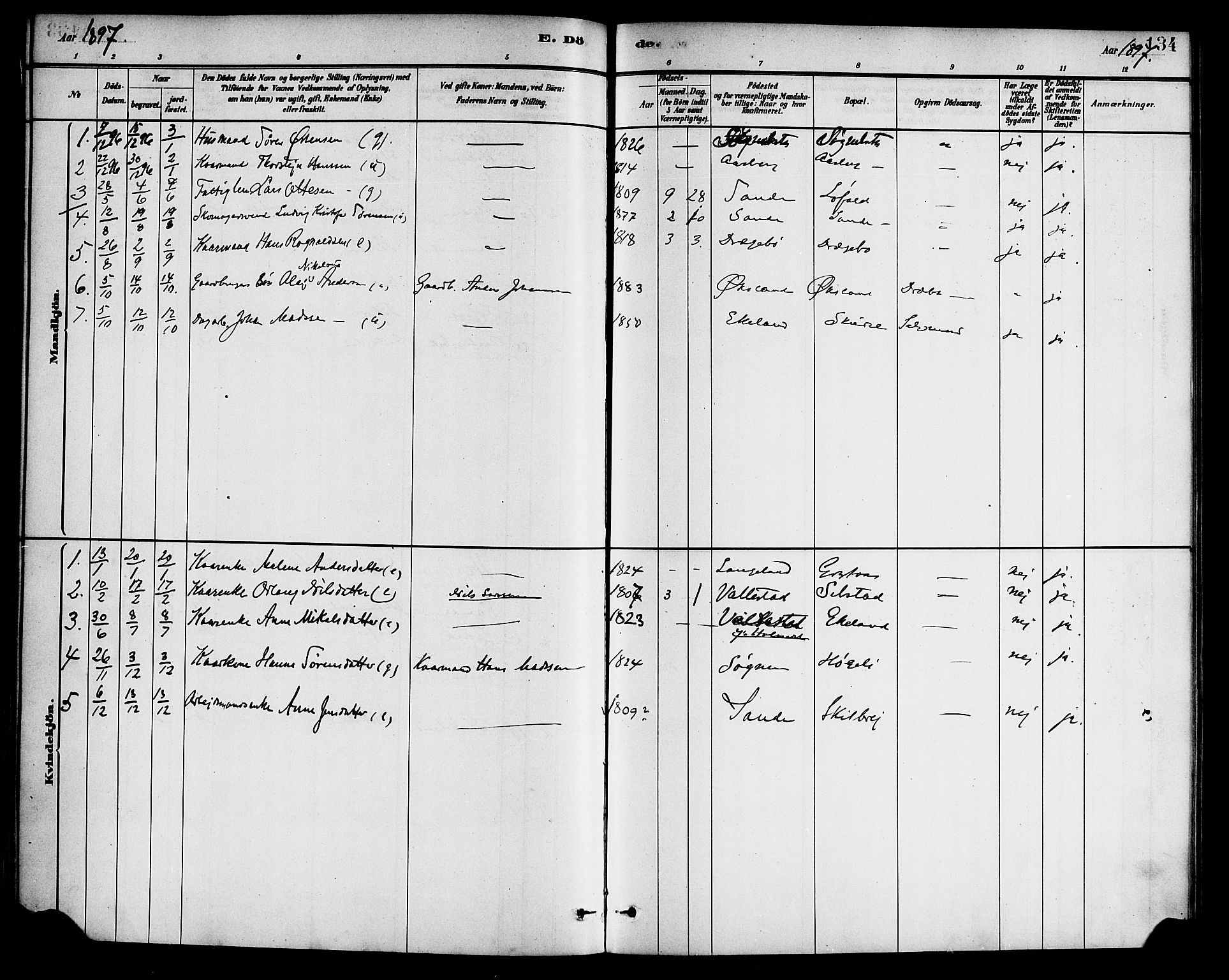 Gaular sokneprestembete, SAB/A-80001/H/Haa: Parish register (official) no. B 1, 1882-1897, p. 134