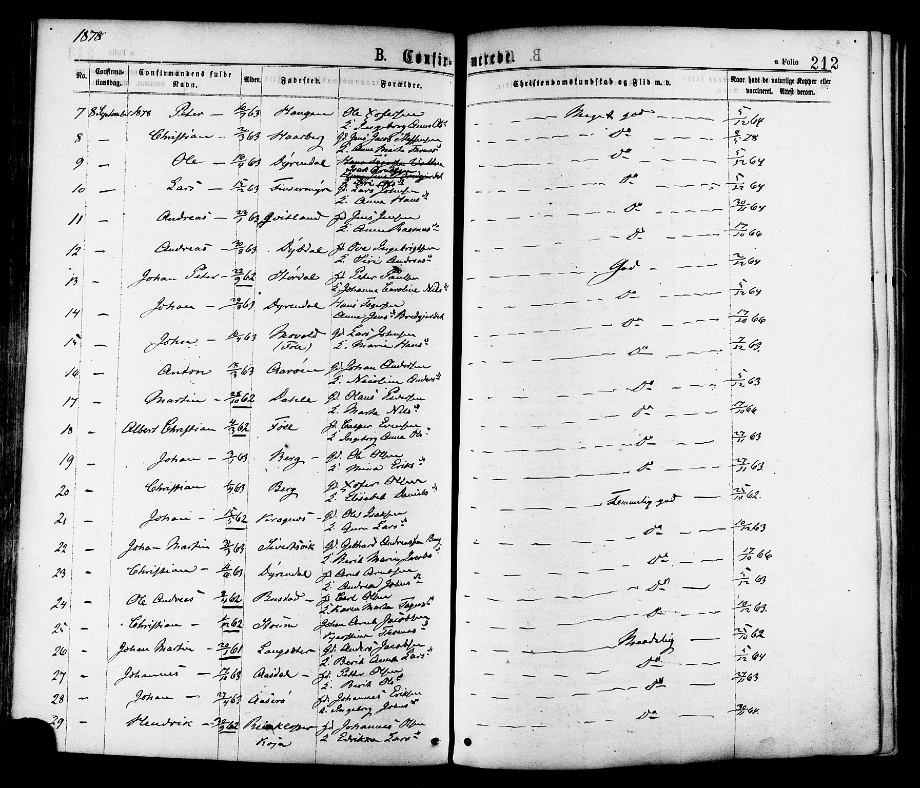 Ministerialprotokoller, klokkerbøker og fødselsregistre - Sør-Trøndelag, SAT/A-1456/646/L0613: Parish register (official) no. 646A11, 1870-1884, p. 212