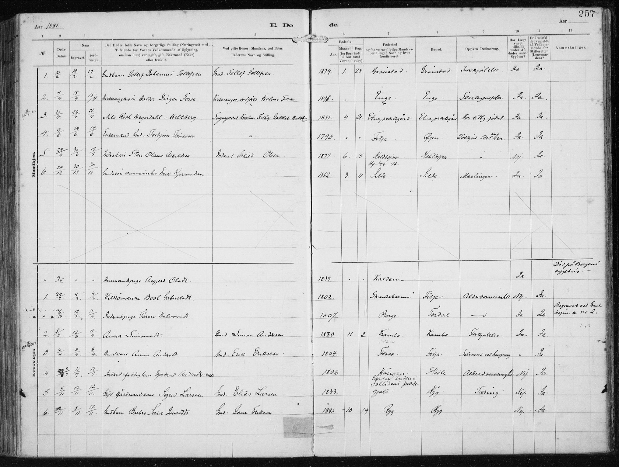 Etne sokneprestembete, SAB/A-75001/H/Haa: Parish register (official) no. B  1, 1879-1919, p. 257