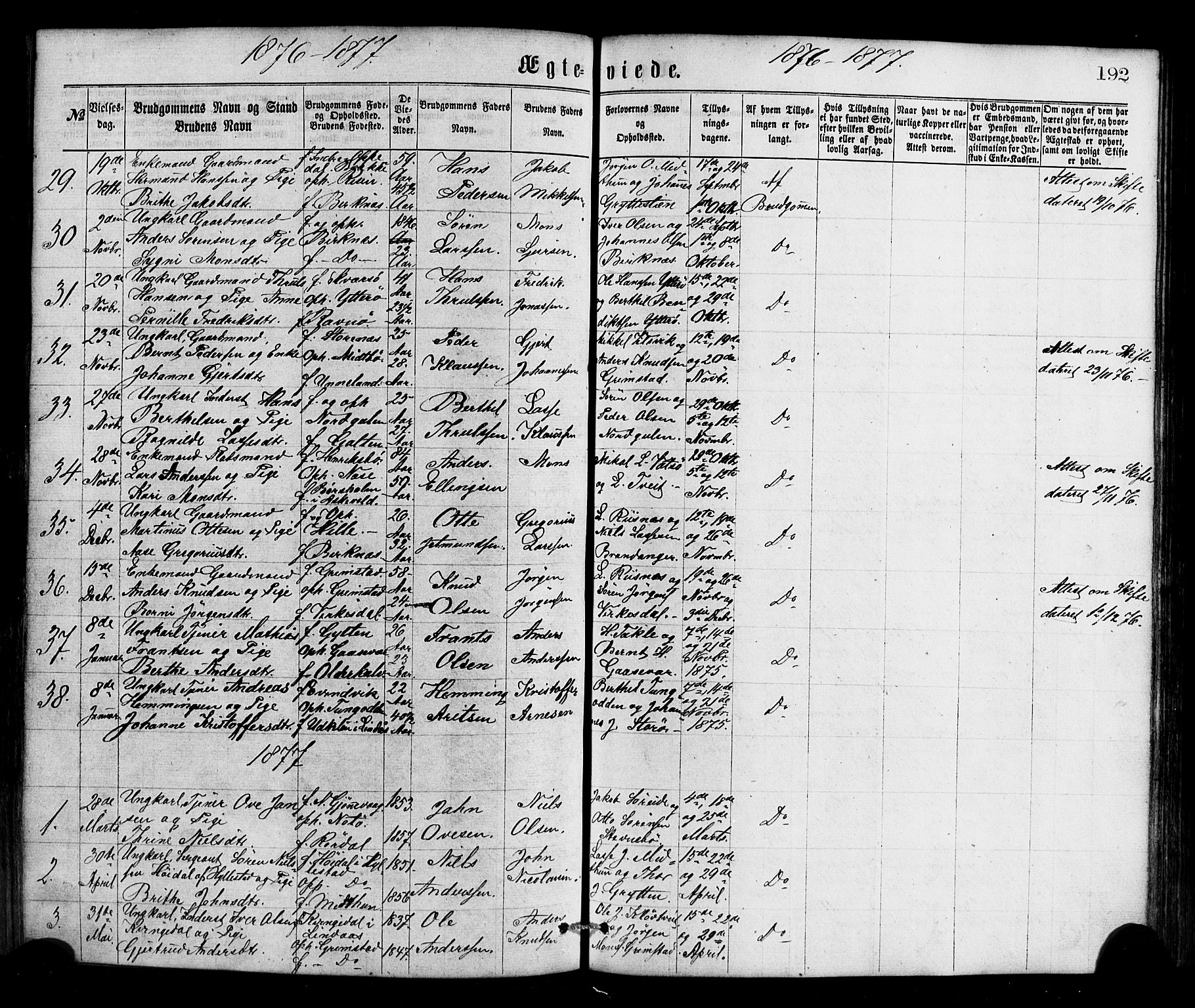 Gulen sokneprestembete, AV/SAB-A-80201/H/Haa/Haaa/L0023: Parish register (official) no. A 23, 1870-1880, p. 192