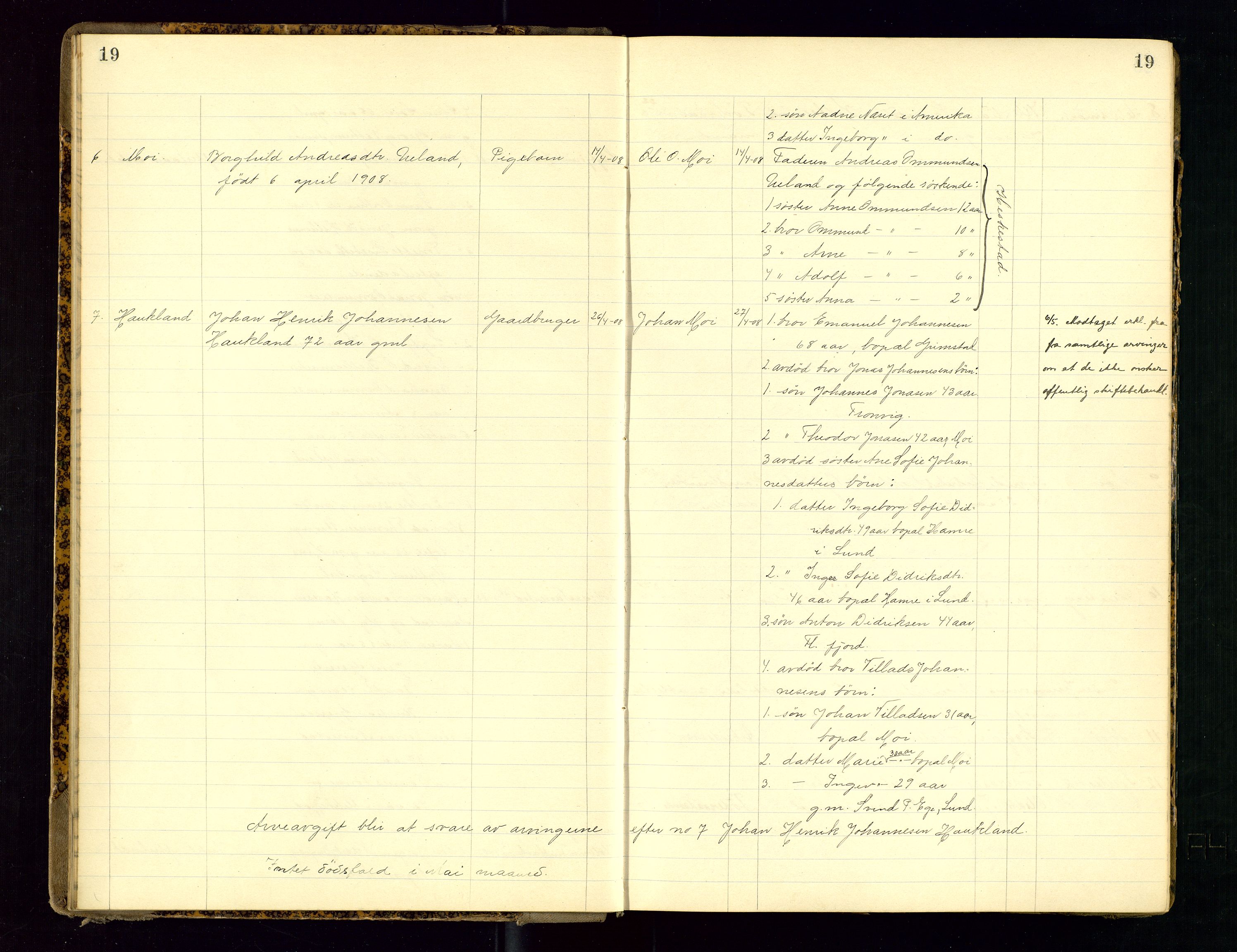 Dalane sorenskriveri, AV/SAST-A-100309/001/5/52/L0001: DØDSFALLPROTOKOLL, 1904-1911, p. 19