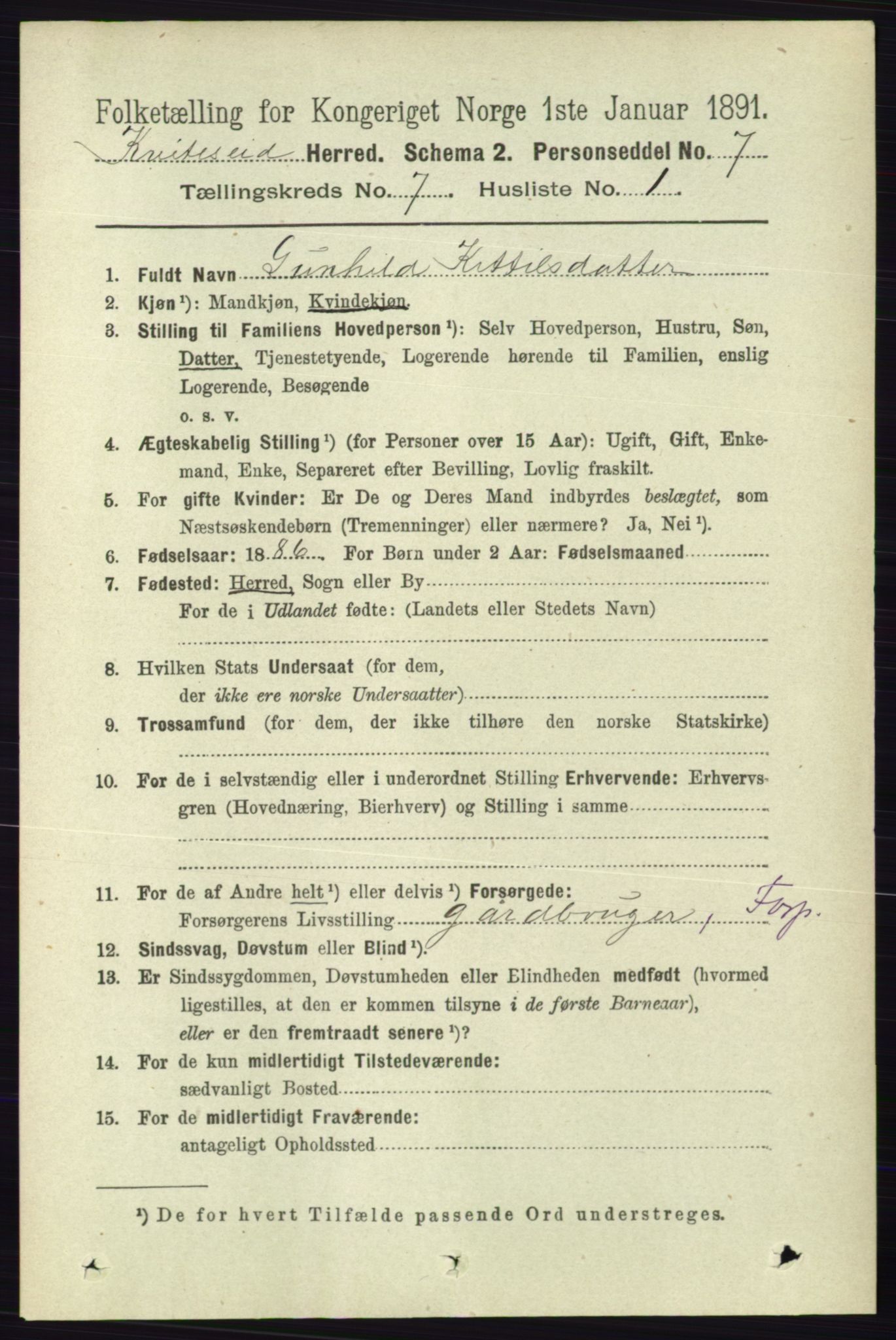 RA, 1891 census for 0829 Kviteseid, 1891, p. 1371