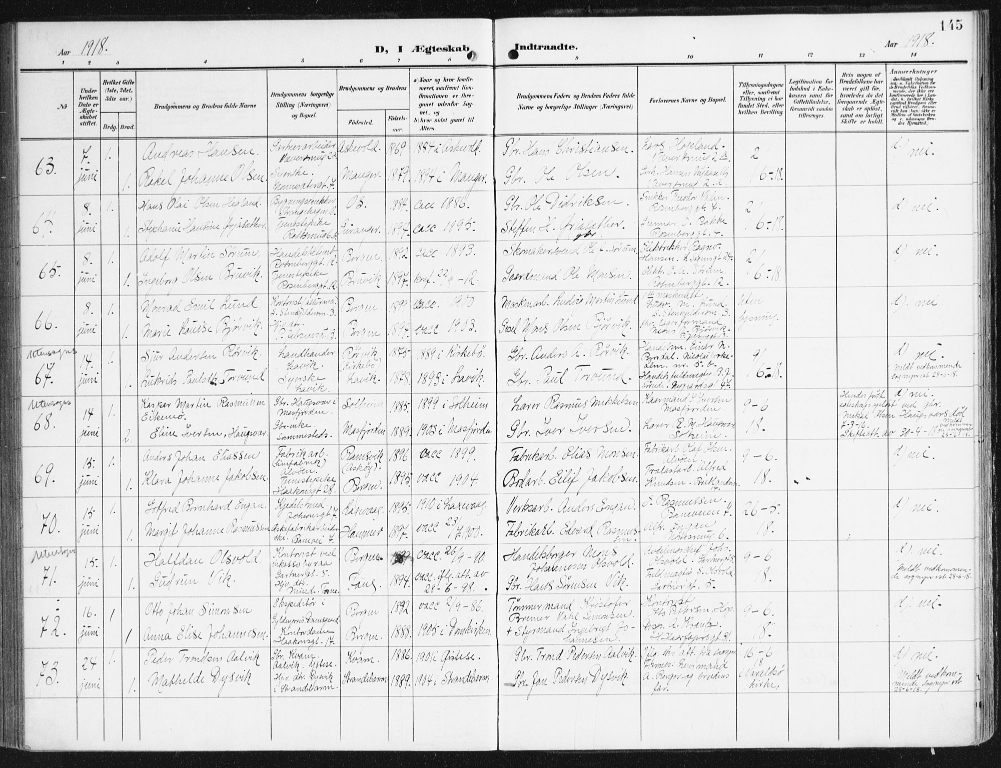 Domkirken sokneprestembete, SAB/A-74801/H/Haa/L0038: Parish register (official) no. D 5, 1906-1921, p. 145