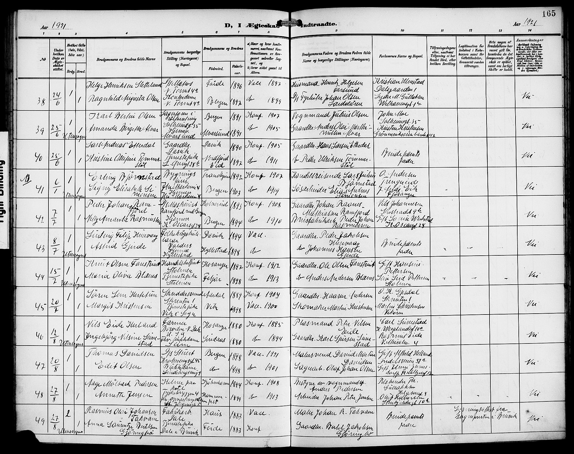 Korskirken sokneprestembete, AV/SAB-A-76101/H/Hab: Parish register (copy) no. D 4, 1906-1925, p. 165