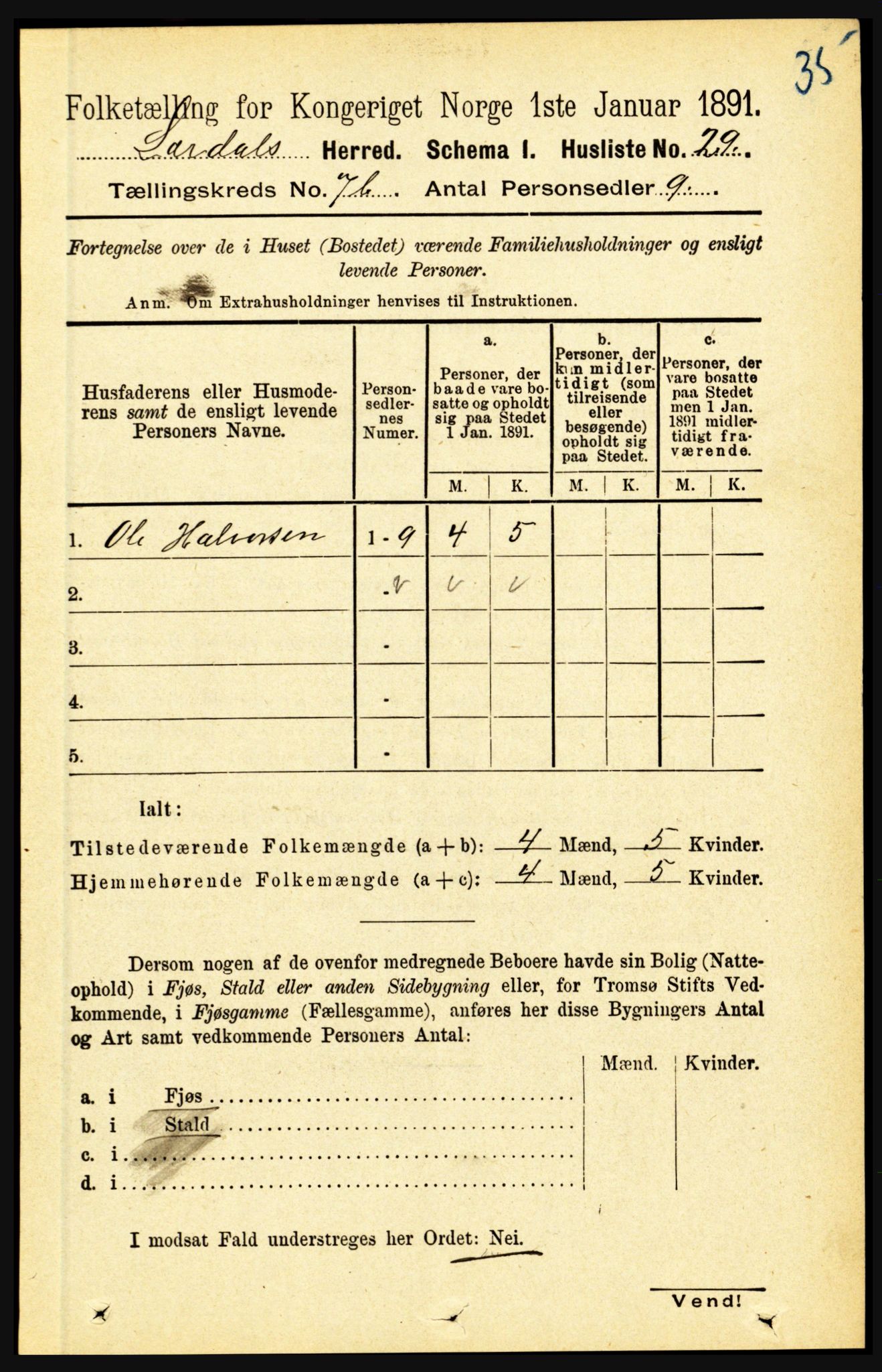 RA, 1891 census for 1422 Lærdal, 1891, p. 1135