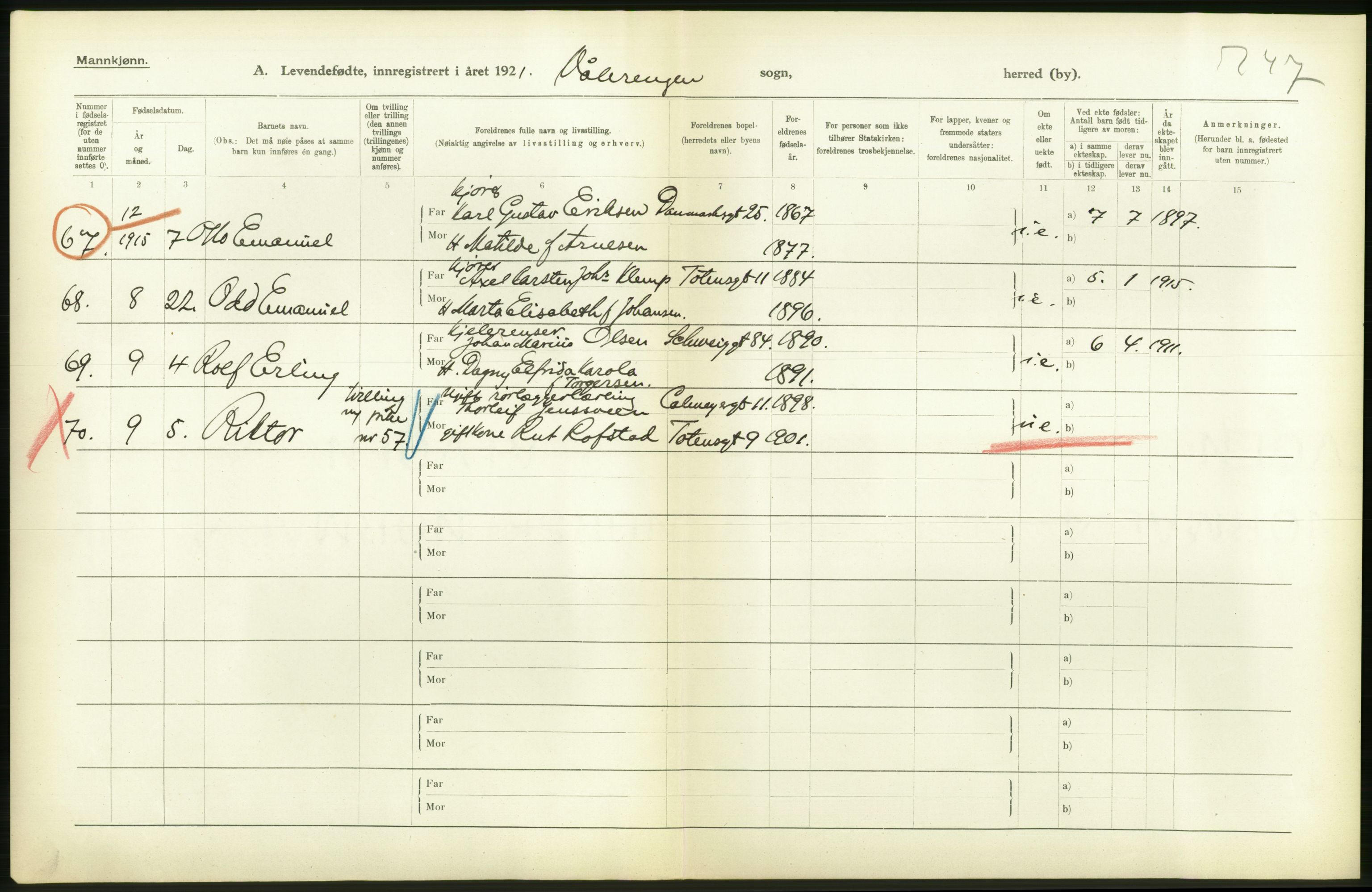 Statistisk sentralbyrå, Sosiodemografiske emner, Befolkning, RA/S-2228/D/Df/Dfc/Dfca/L0009: Kristiania: Levendefødte menn og kvinner., 1921, p. 176