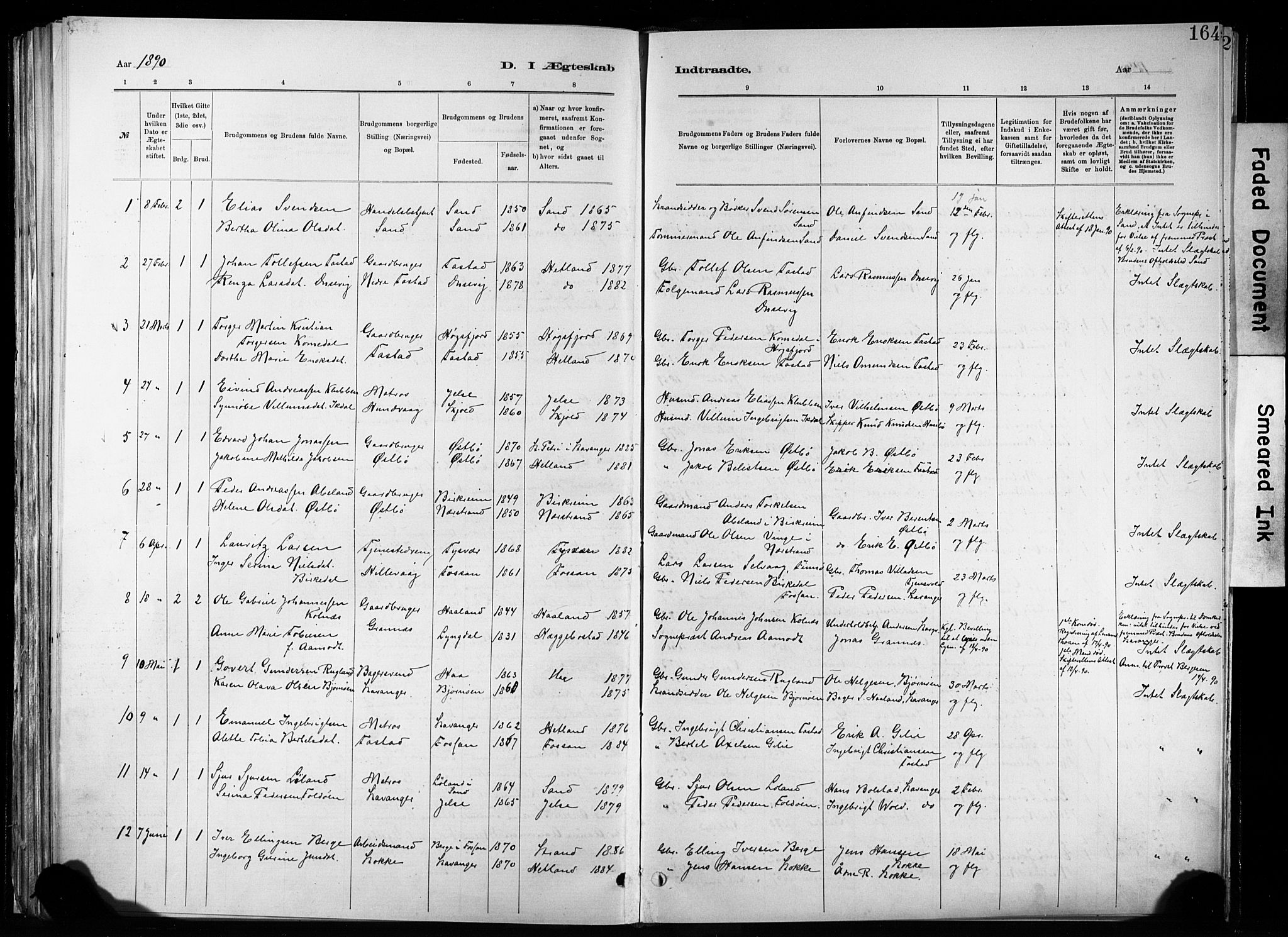 Hetland sokneprestkontor, SAST/A-101826/30/30BA/L0011: Parish register (official) no. A 11, 1884-1911, p. 164