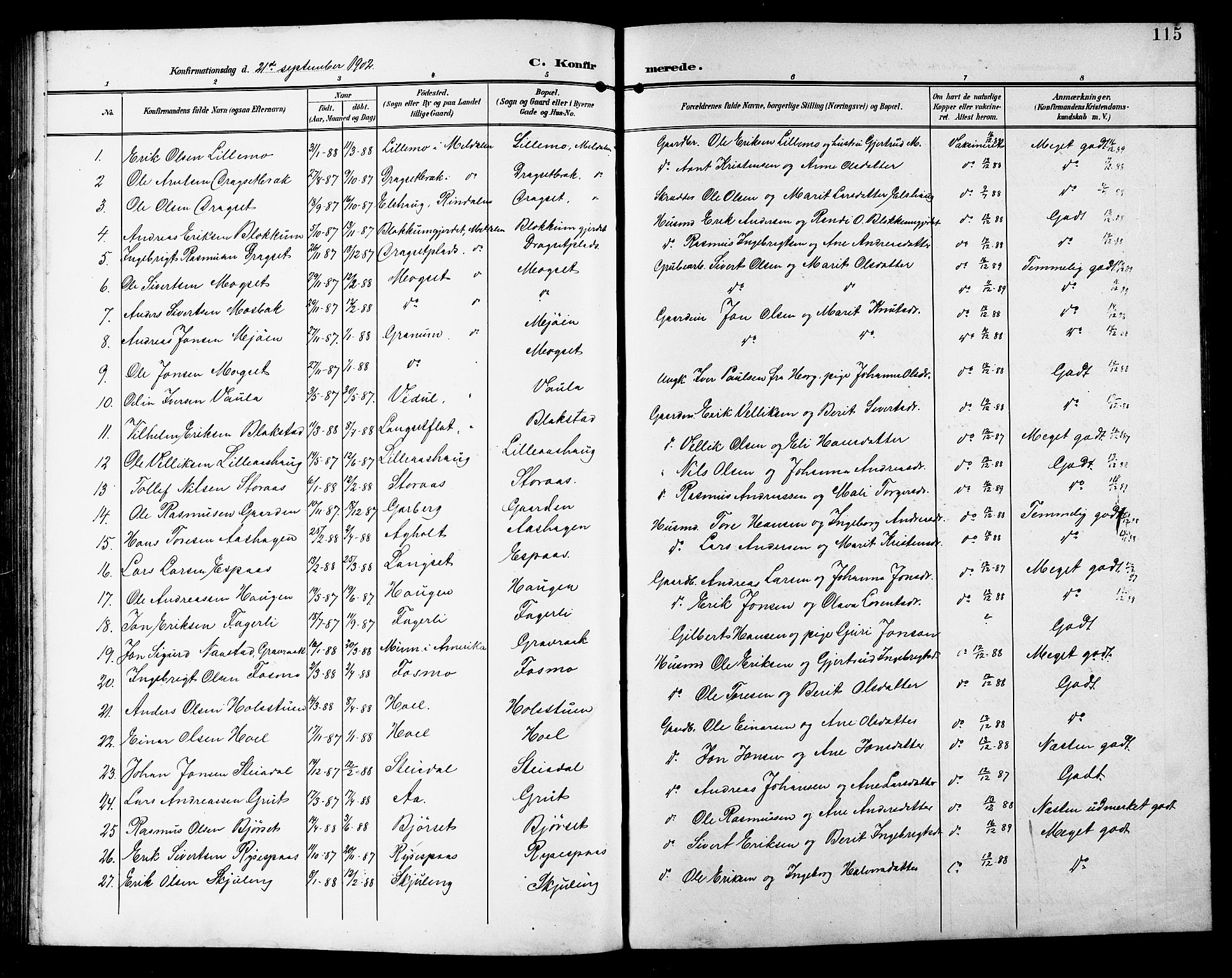 Ministerialprotokoller, klokkerbøker og fødselsregistre - Sør-Trøndelag, SAT/A-1456/672/L0864: Parish register (copy) no. 672C03, 1902-1914, p. 115