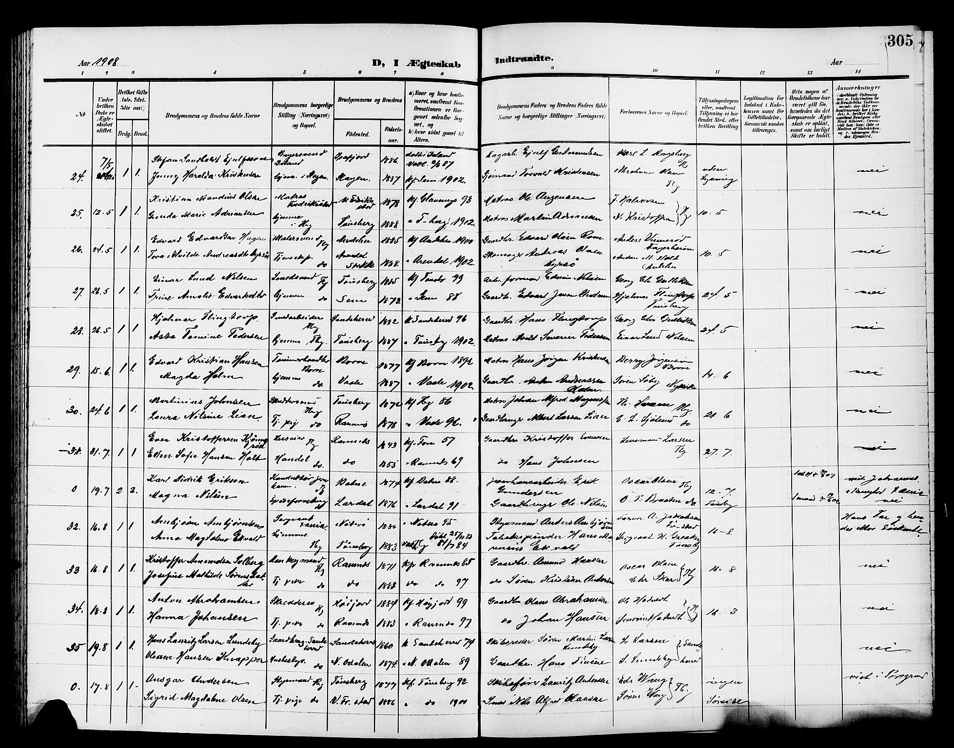 Tønsberg kirkebøker, AV/SAKO-A-330/G/Ga/L0008: Parish register (copy) no. 8, 1905-1912, p. 305