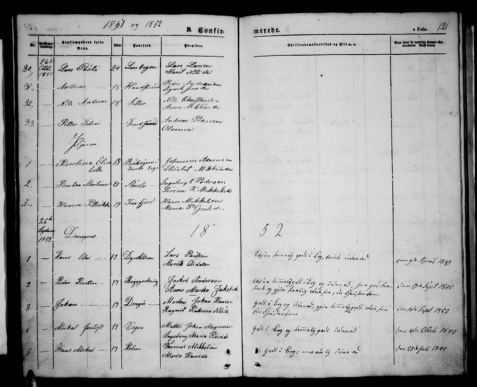 Tranøy sokneprestkontor, SATØ/S-1313/I/Ia/Iab/L0002klokker: Parish register (copy) no. 2, 1847-1860, p. 121