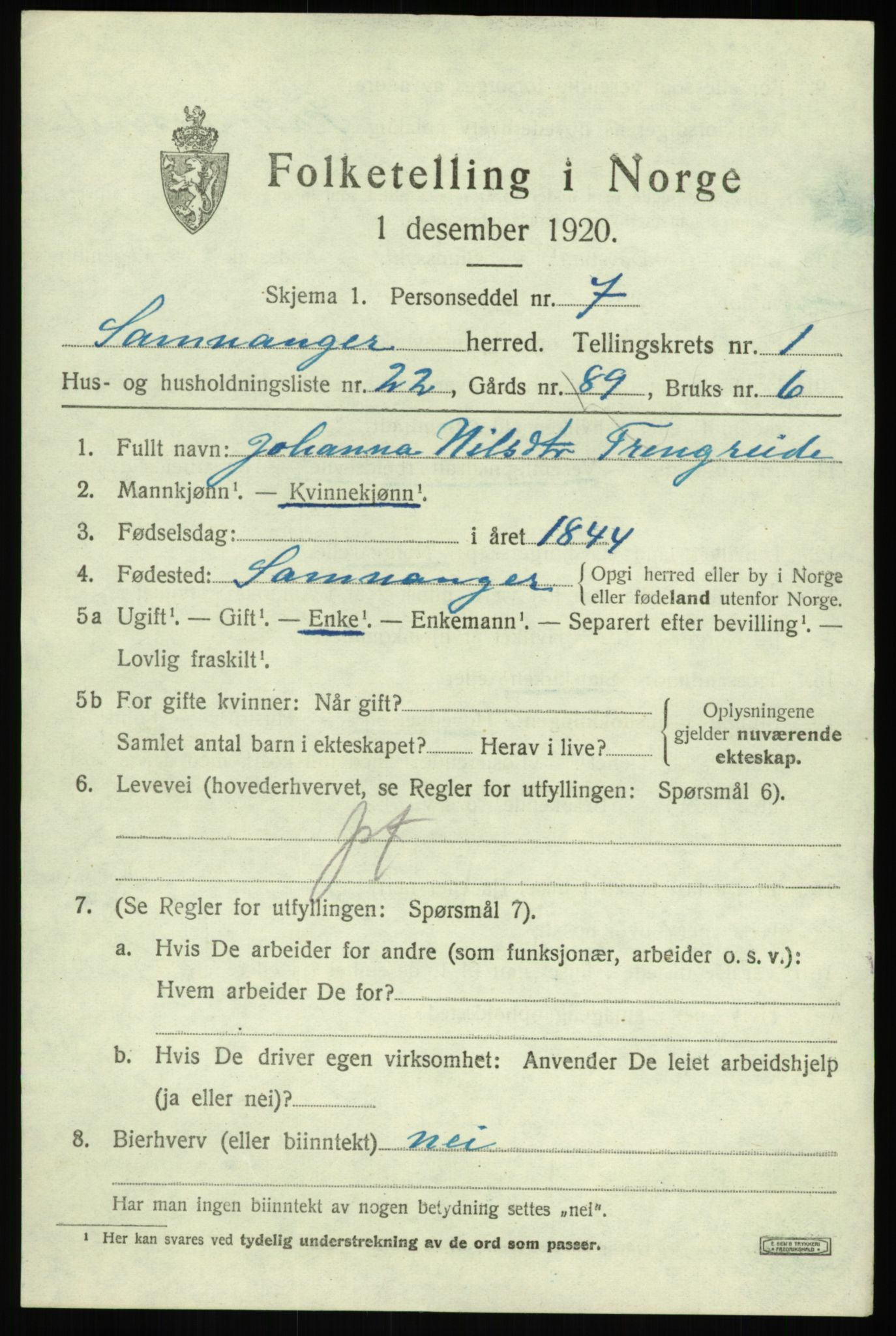 SAB, 1920 census for Samnanger, 1920, p. 1107