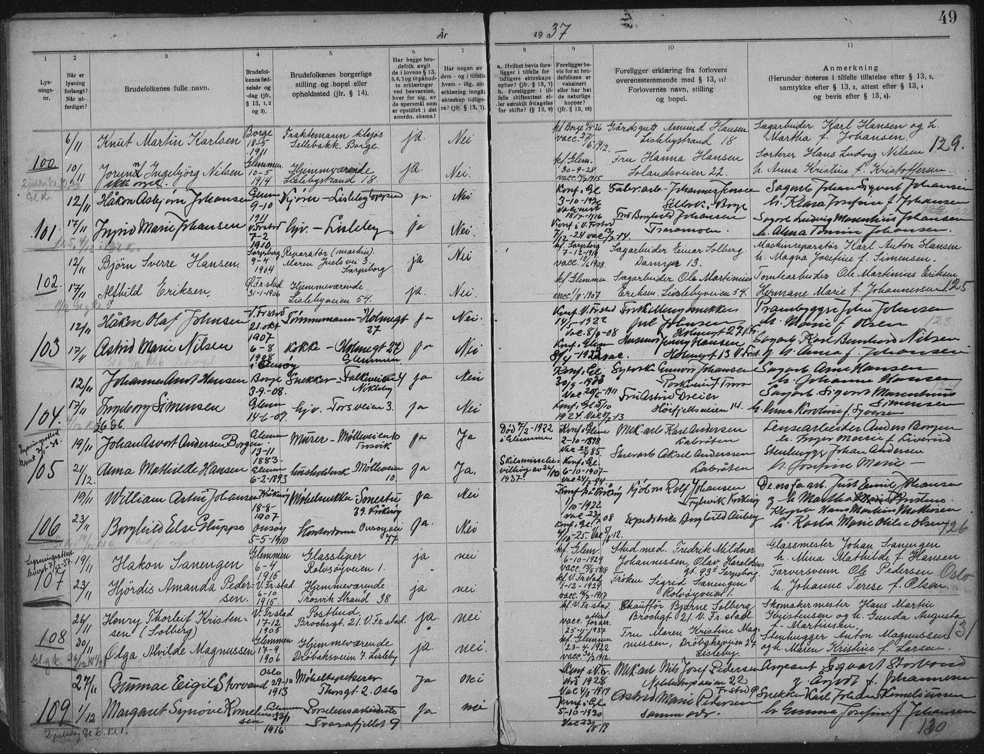 Glemmen prestekontor Kirkebøker, SAO/A-10908/H/Ha/L0003: Banns register no. 3, 1933-1941, p. 49