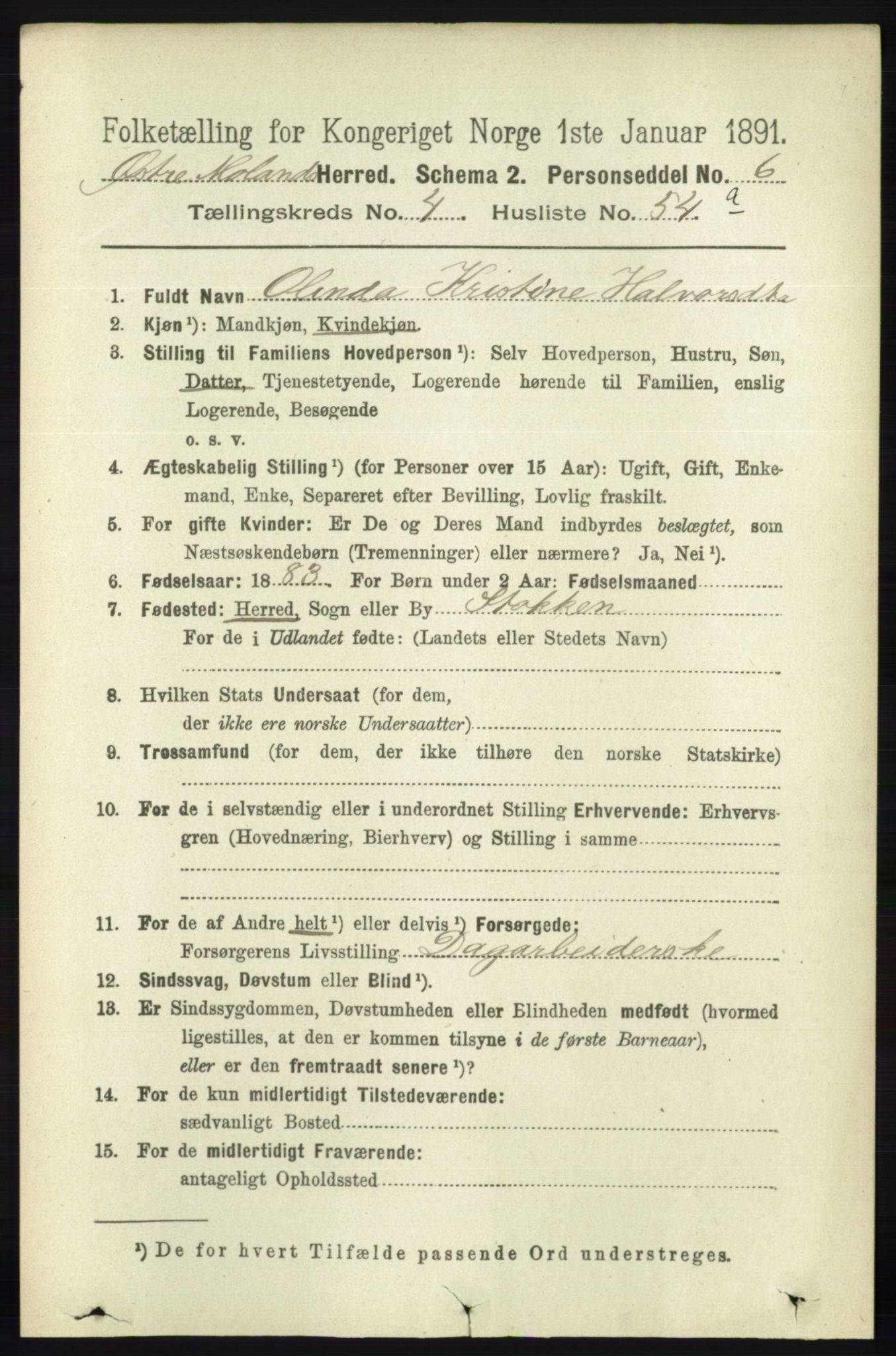 RA, 1891 census for 0918 Austre Moland, 1891, p. 2359