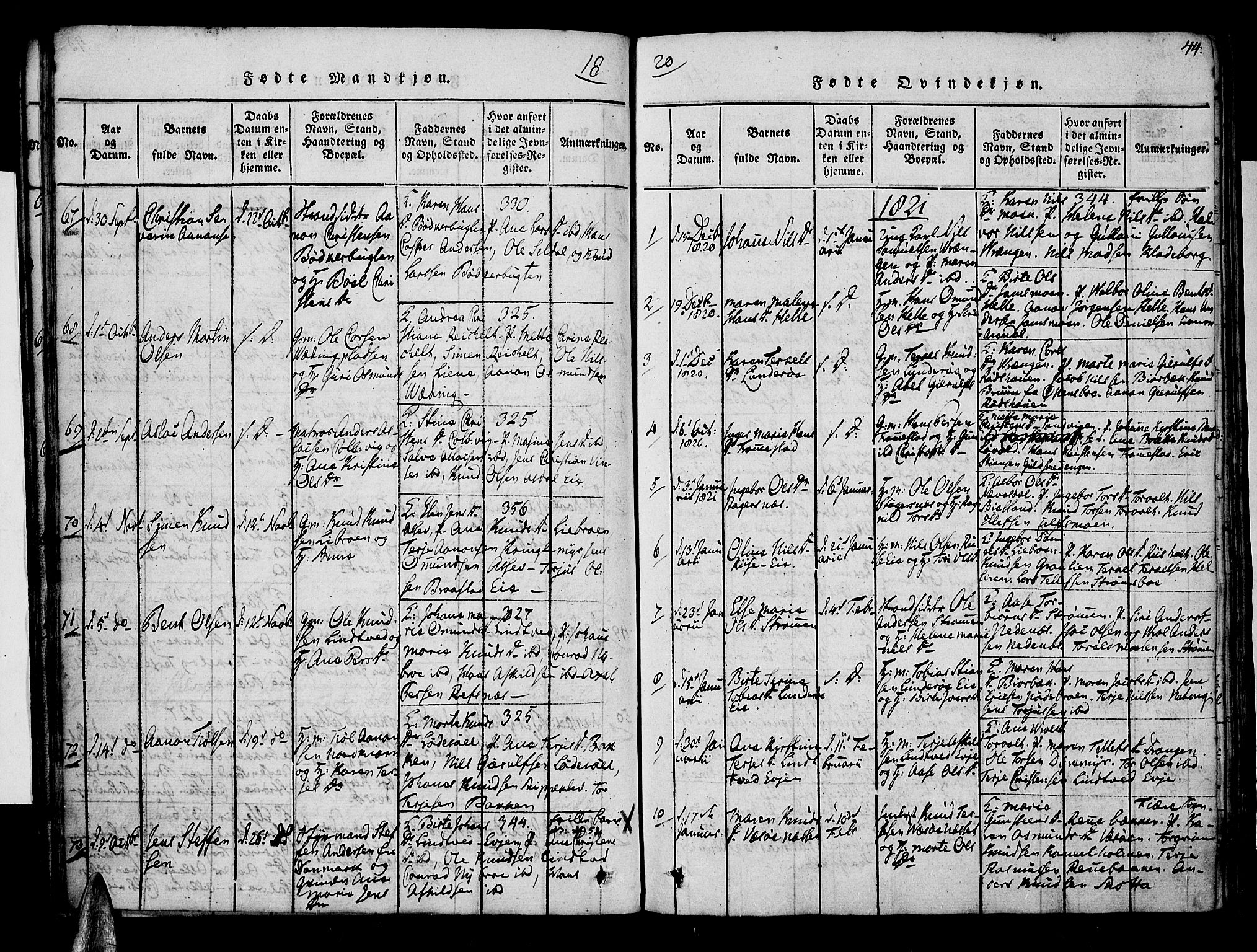 Øyestad sokneprestkontor, SAK/1111-0049/F/Fa/L0012: Parish register (official) no. A 12, 1816-1827, p. 44