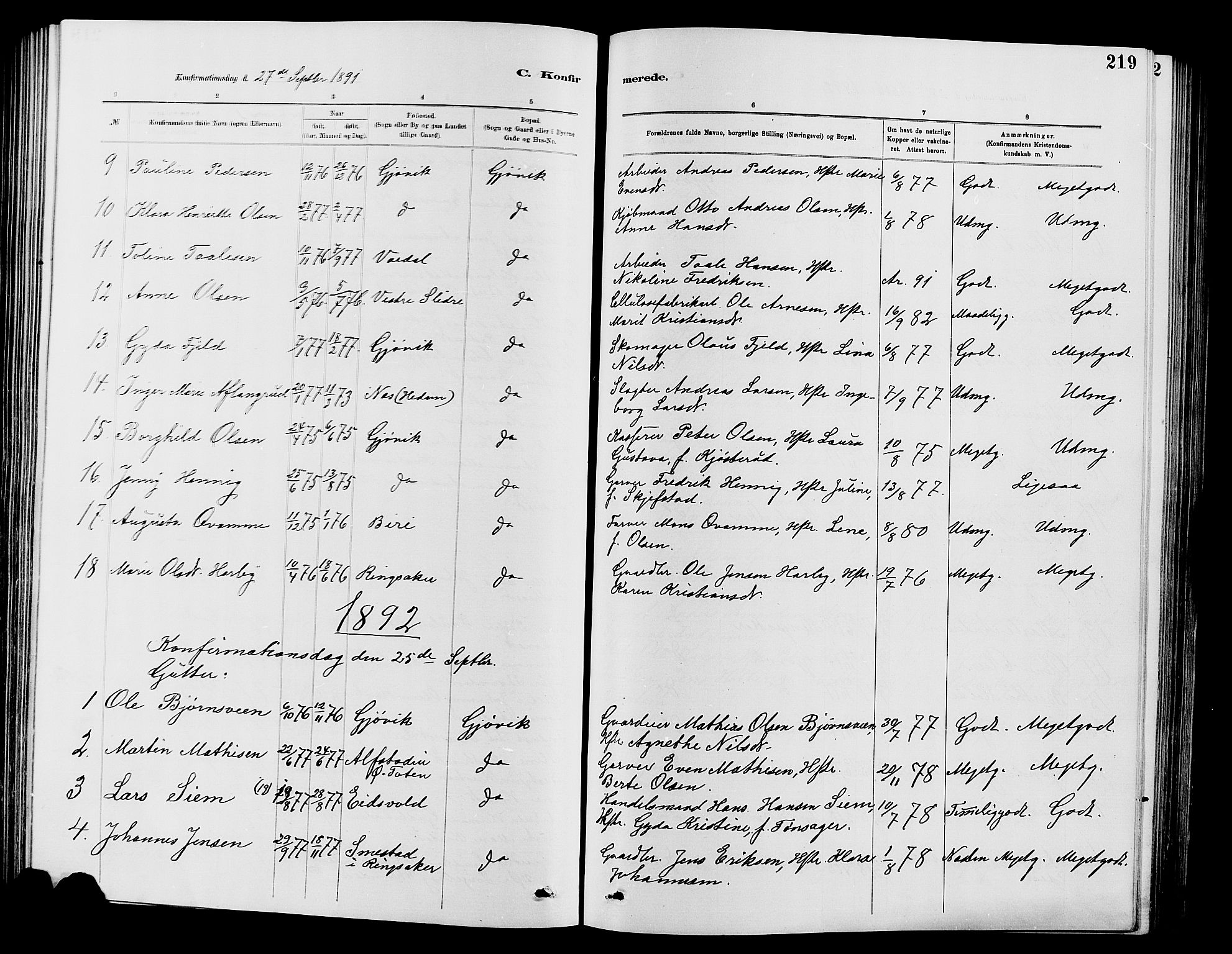 Vardal prestekontor, SAH/PREST-100/H/Ha/Hab/L0007: Parish register (copy) no. 7 /2, 1881-1895, p. 219