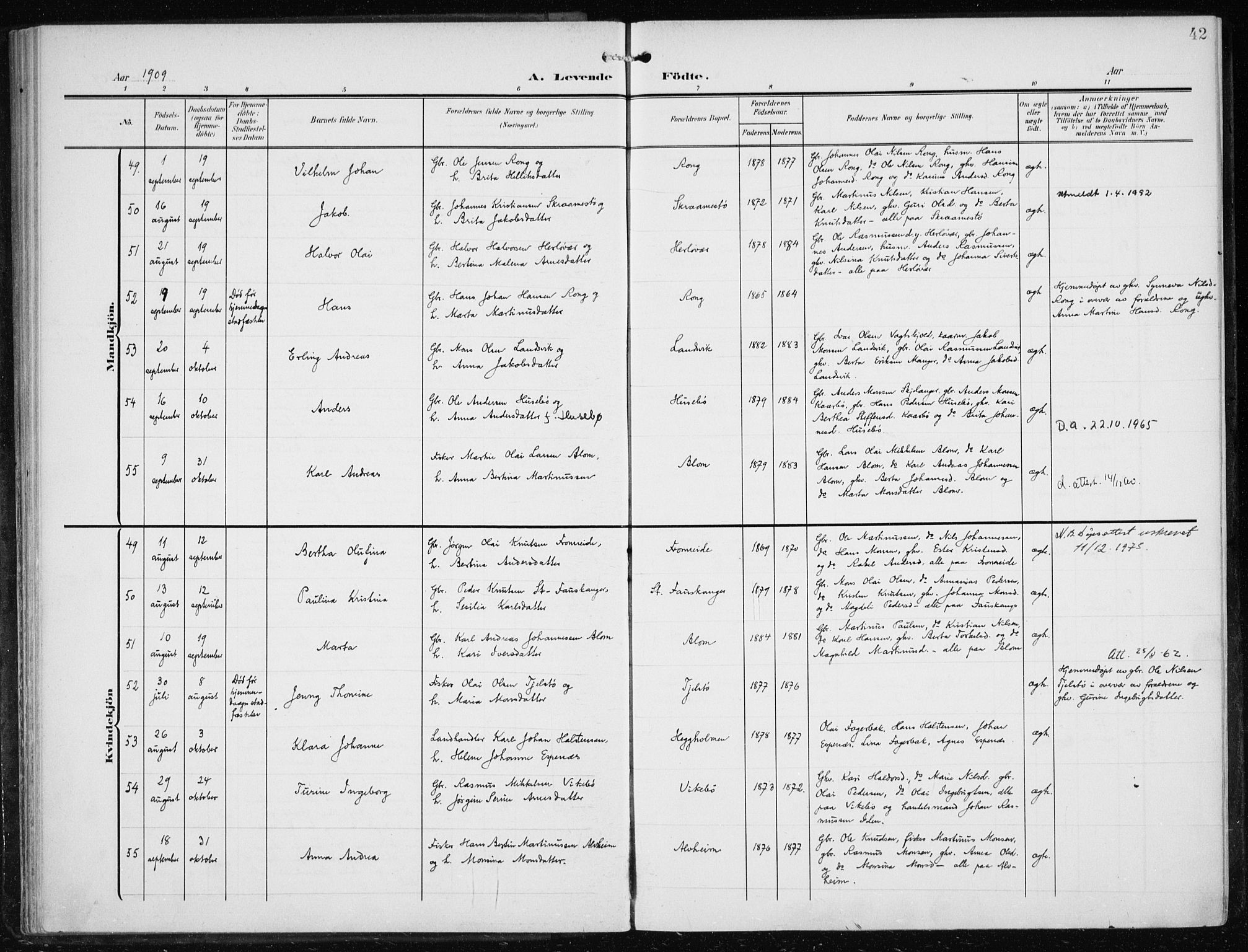 Herdla Sokneprestembete, AV/SAB-A-75701/H/Haa: Parish register (official) no. A 5, 1905-1918, p. 42