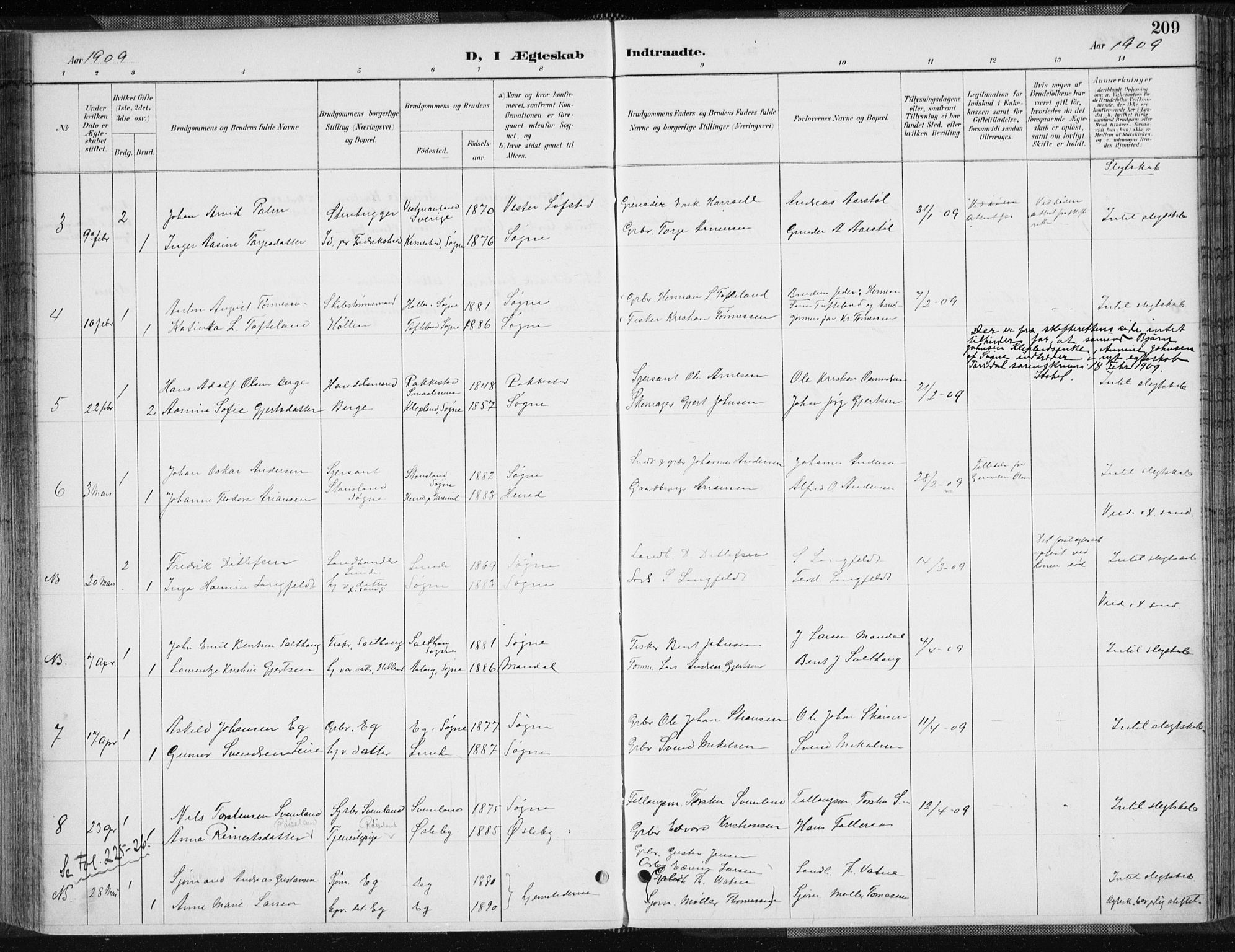 Søgne sokneprestkontor, SAK/1111-0037/F/Fa/Fab/L0013: Parish register (official) no. A 13, 1892-1911, p. 209