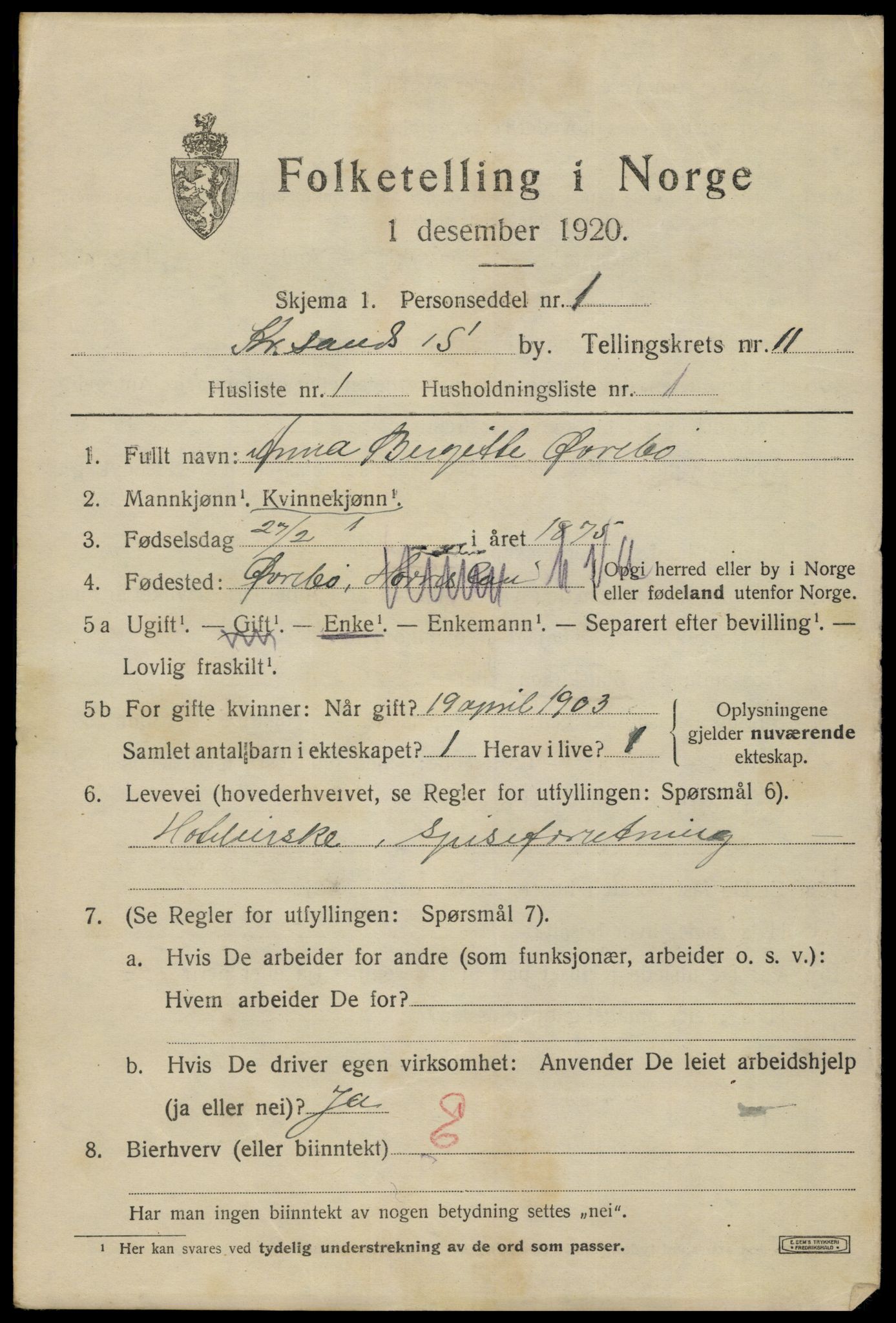 SAK, 1920 census for Kristiansand, 1920, p. 24649