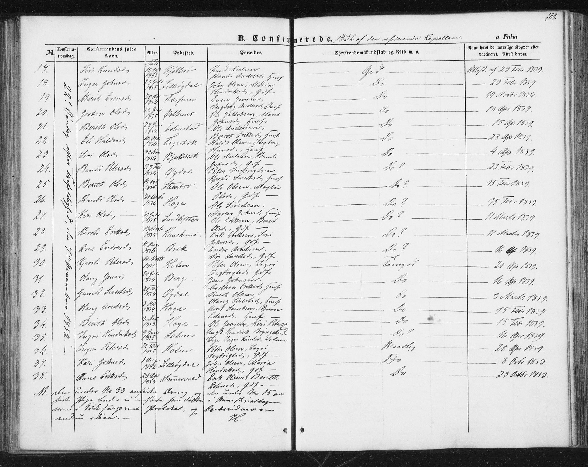 Ministerialprotokoller, klokkerbøker og fødselsregistre - Sør-Trøndelag, SAT/A-1456/689/L1038: Parish register (official) no. 689A03, 1848-1872, p. 109