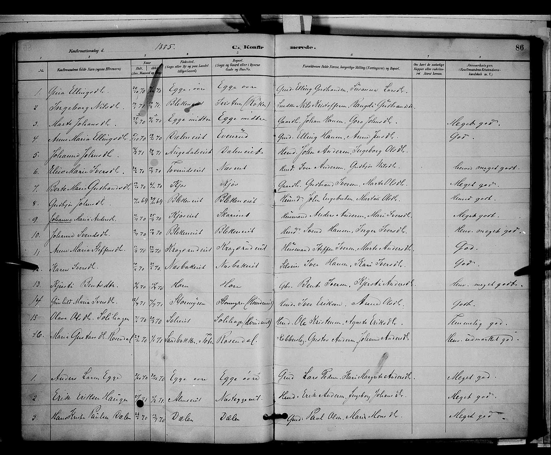 Gran prestekontor, AV/SAH-PREST-112/H/Ha/Hab/L0003: Parish register (copy) no. 3, 1882-1890, p. 86