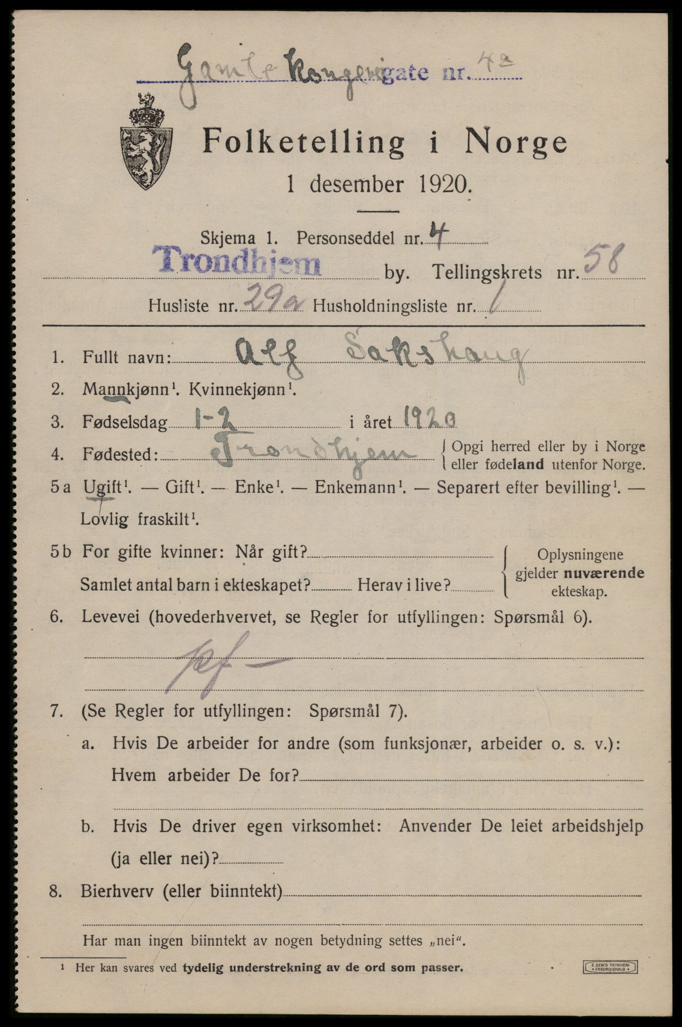 SAT, 1920 census for Trondheim, 1920, p. 118290