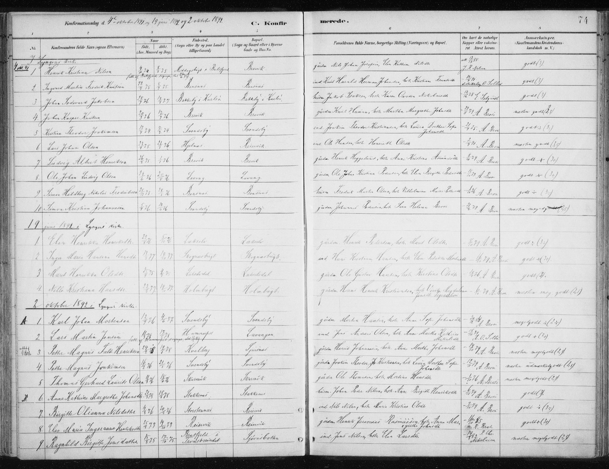 Lyngen sokneprestembete, AV/SATØ-S-1289/H/He/Hea/L0010kirke: Parish register (official) no. 10, 1883-1904, p. 74