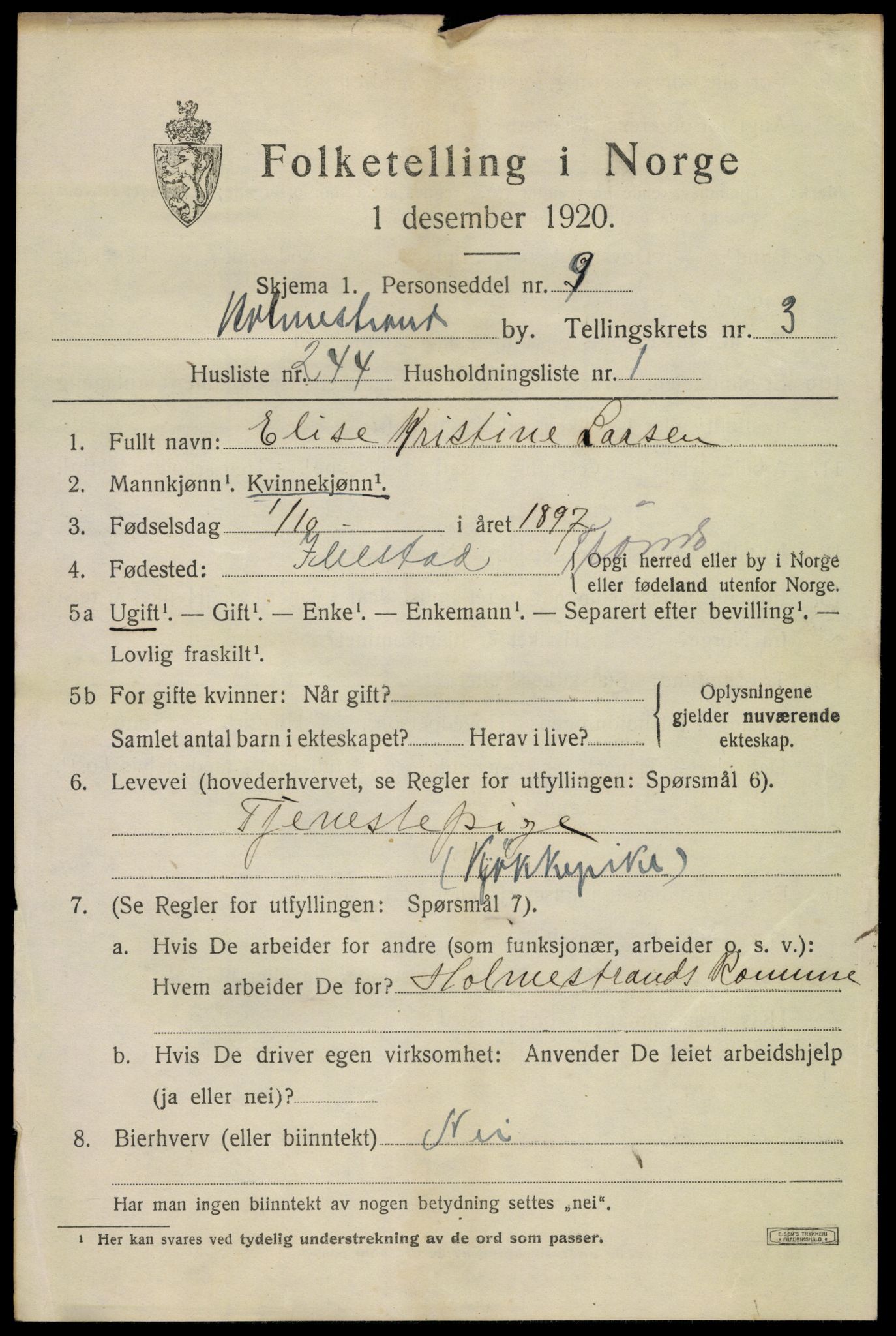 SAKO, 1920 census for Holmestrand, 1920, p. 5090