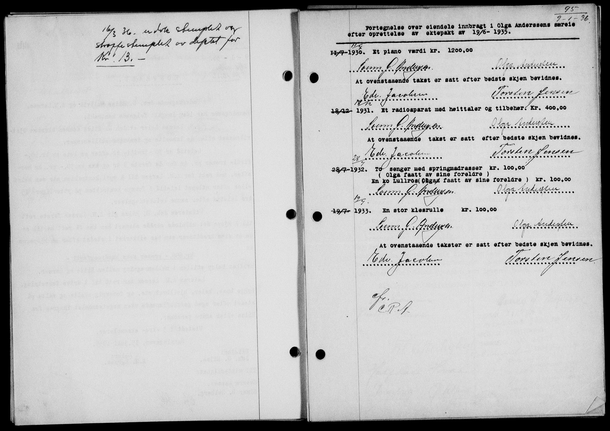 Lofoten sorenskriveri, SAT/A-0017/1/2/2C/L0033b: Mortgage book no. 33b, 1936-1936, Diary no: : 95/1936